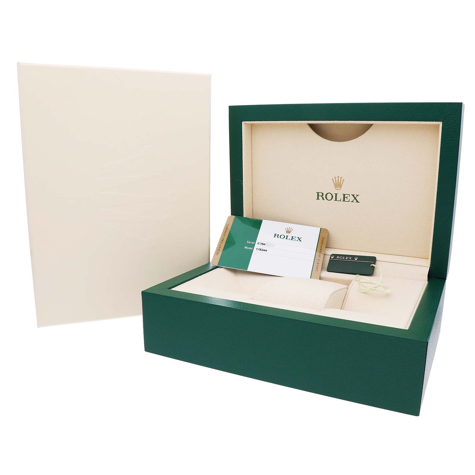 The image shows an open Rolex Mid-Size 178344 Women's Stainless Steel Mother of Pearl Dial watch box, displaying packaging, a branded card, and a tag.
