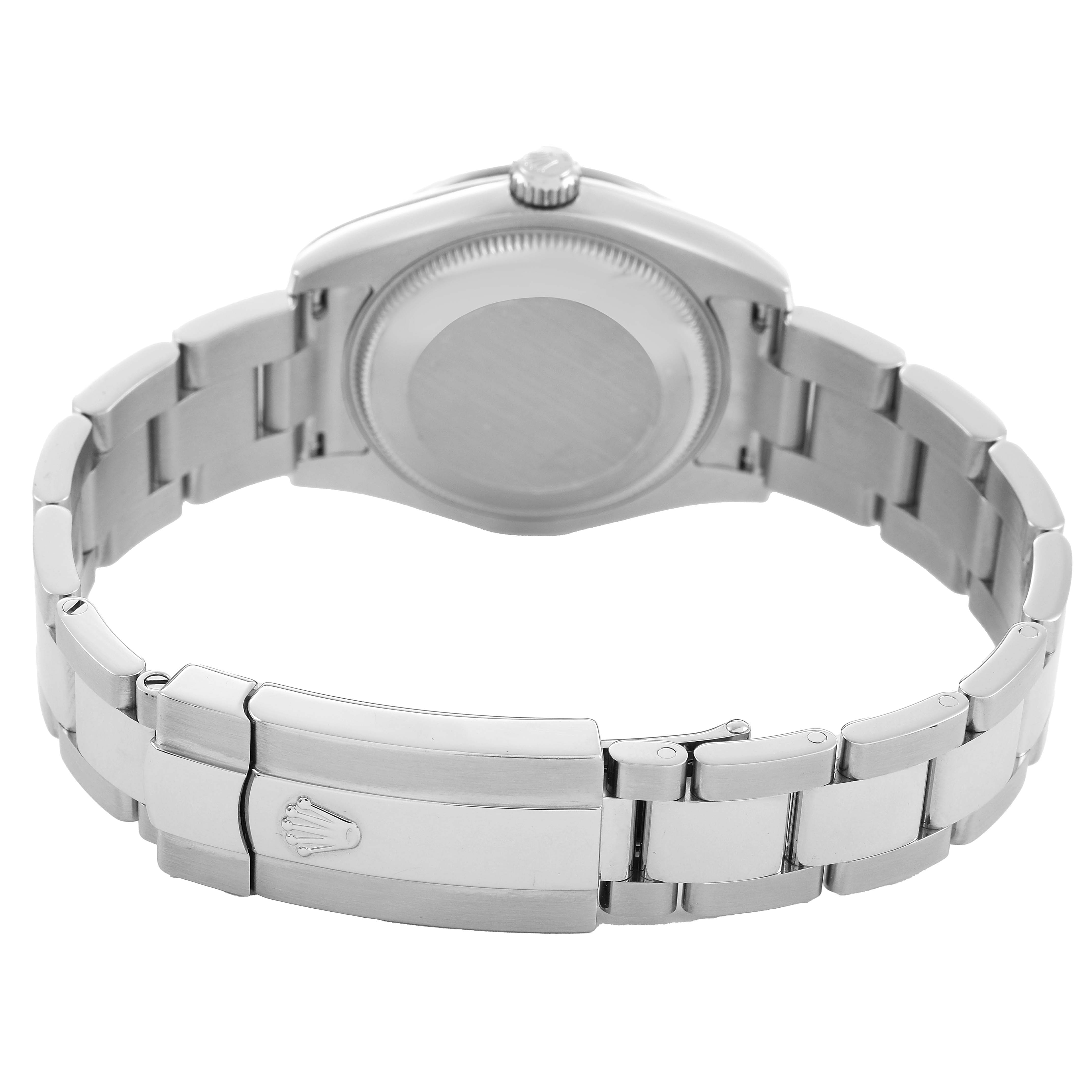 The Rolex Mid-Size 178344 Women's Stainless Steel Mother of Pearl Dial watch is shown from the back, displaying the clasp and bracelet.