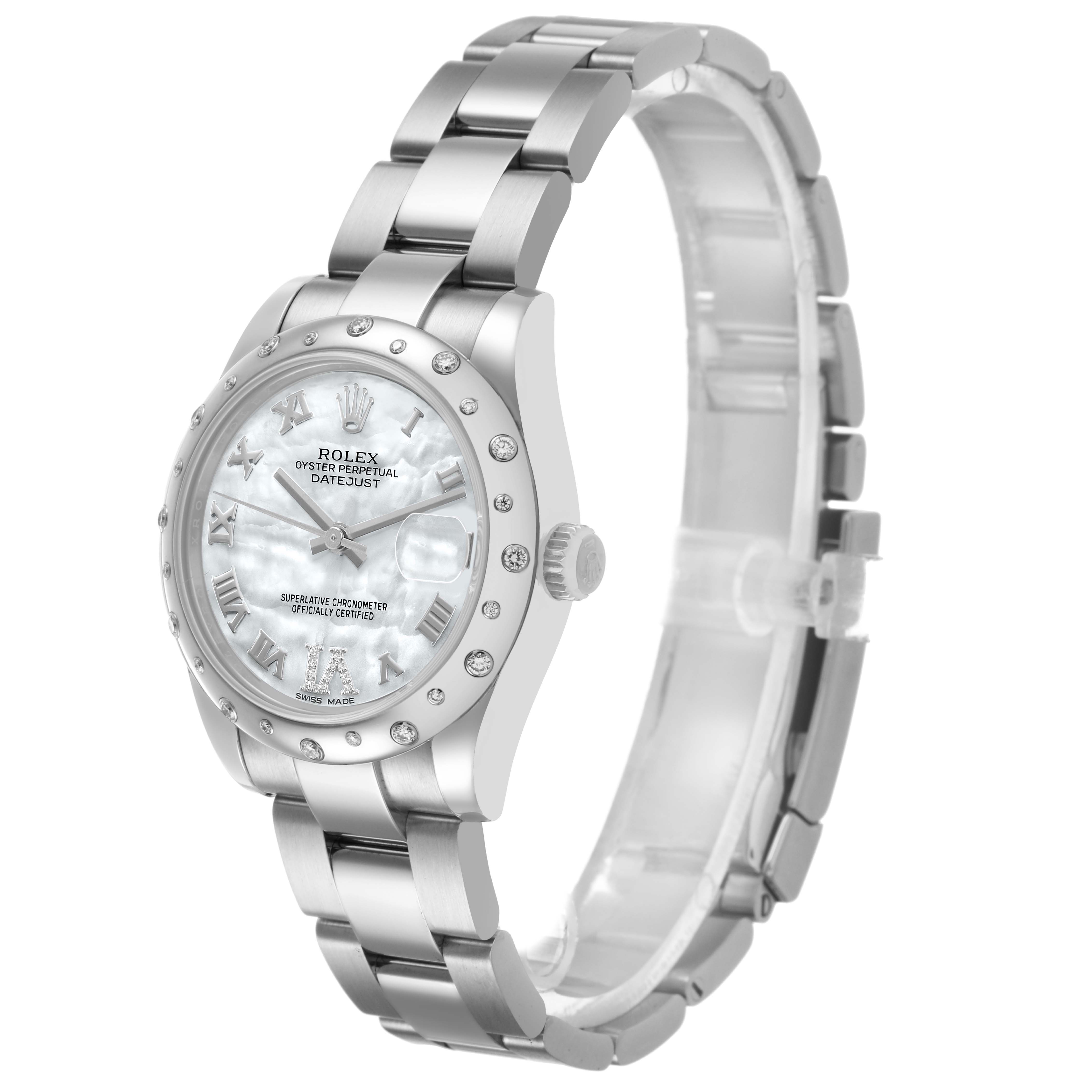 The Rolex Mid-Size 178344 Women's Stainless Steel Mother of Pearl Dial watch is shown at a slight angle, highlighting the face, bezel, and bracelet.