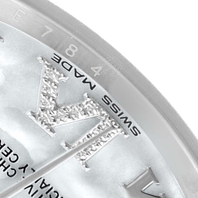 The image shows a close-up of the Rolex Mid-Size 178344 Women's Stainless Steel Mother of Pearl Dial watch face focusing on the hour markers and "Swiss Made" text.