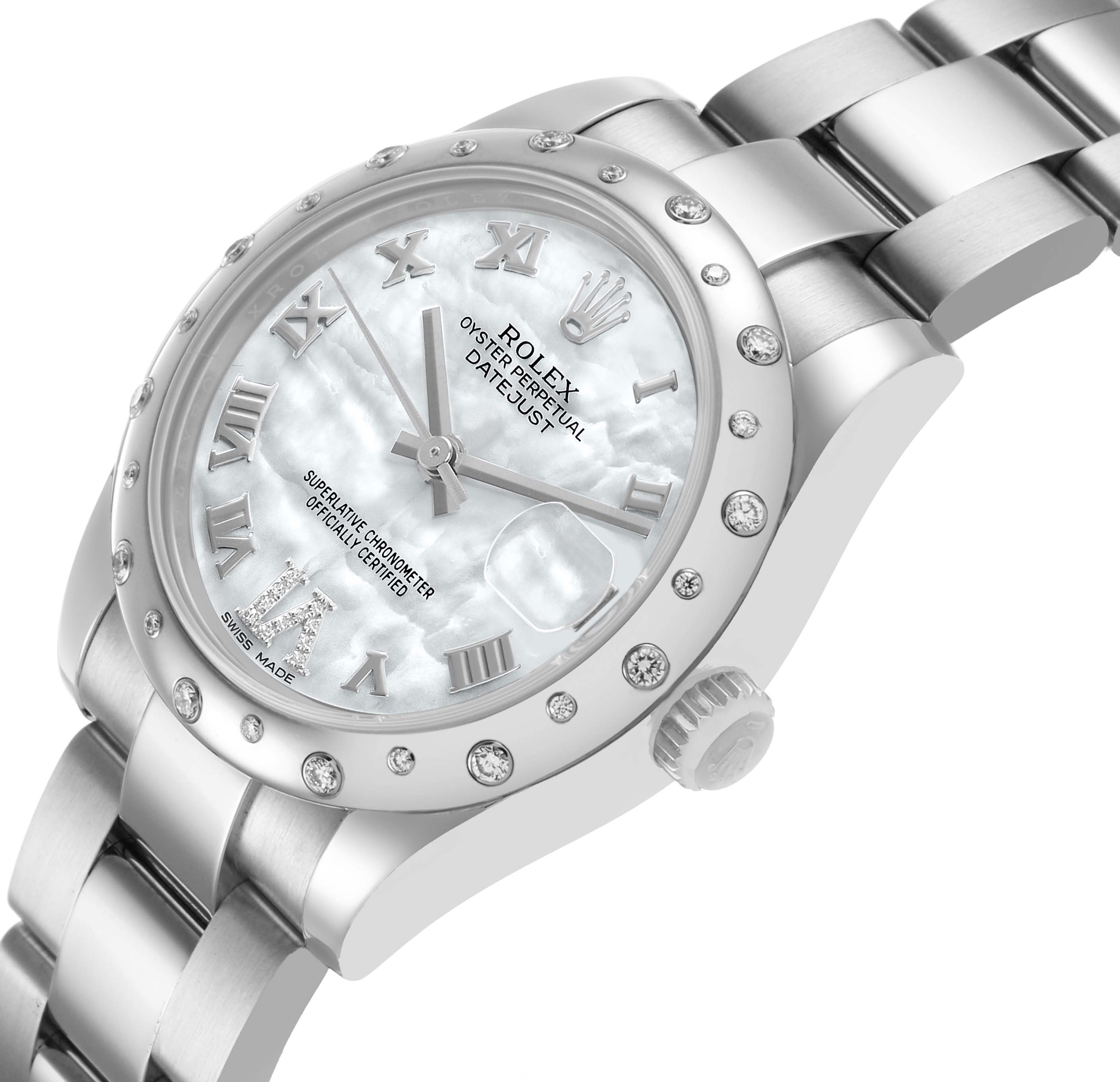 The Rolex Mid-Size 178344 Women's Stainless Steel Mother of Pearl Dial watch is shown at an angled view, highlighting the face, bezel, and part of the bracelet.