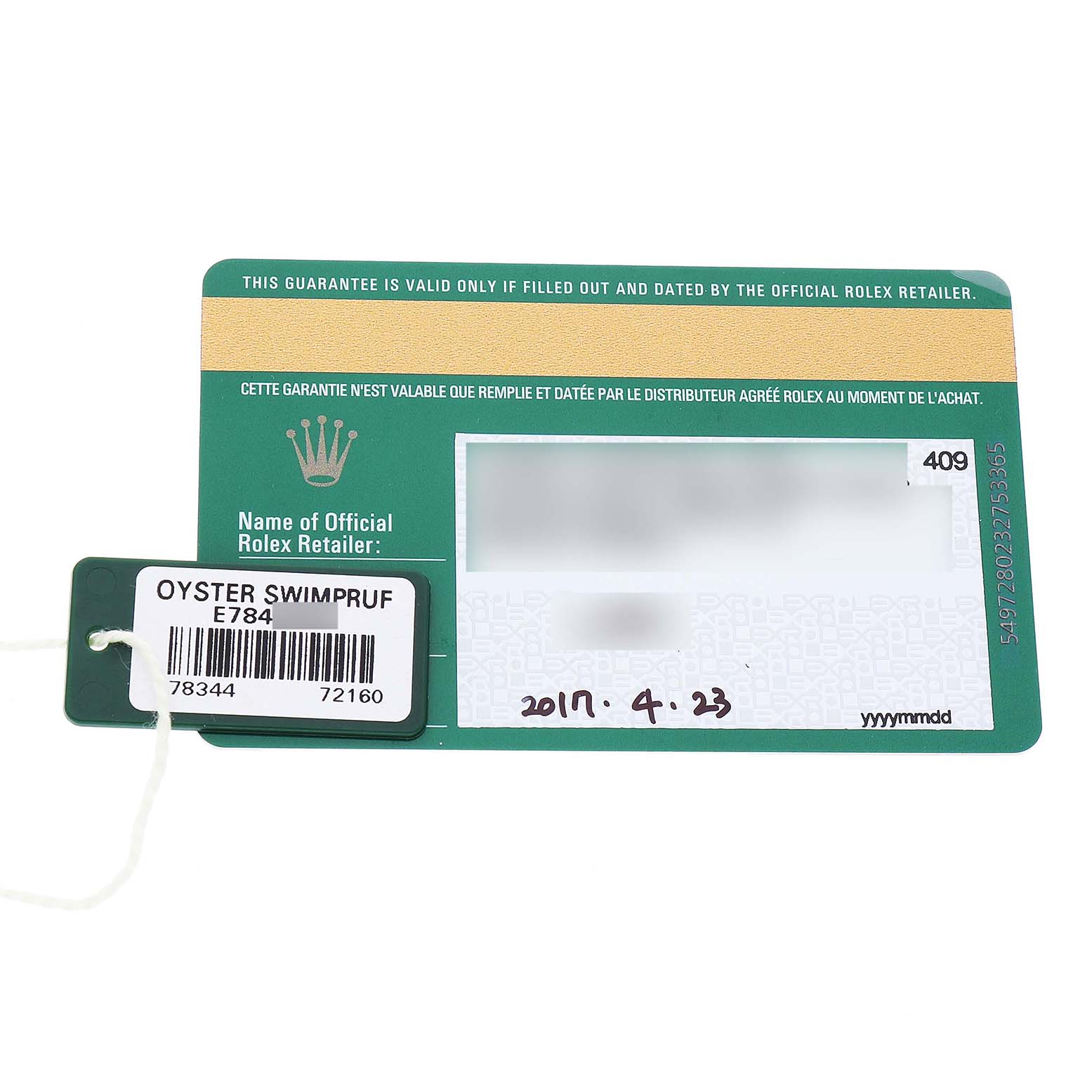 The image shows a Rolex guarantee card from the Mid-Size model, along with a tag labeled "Oyster Swimpruf."