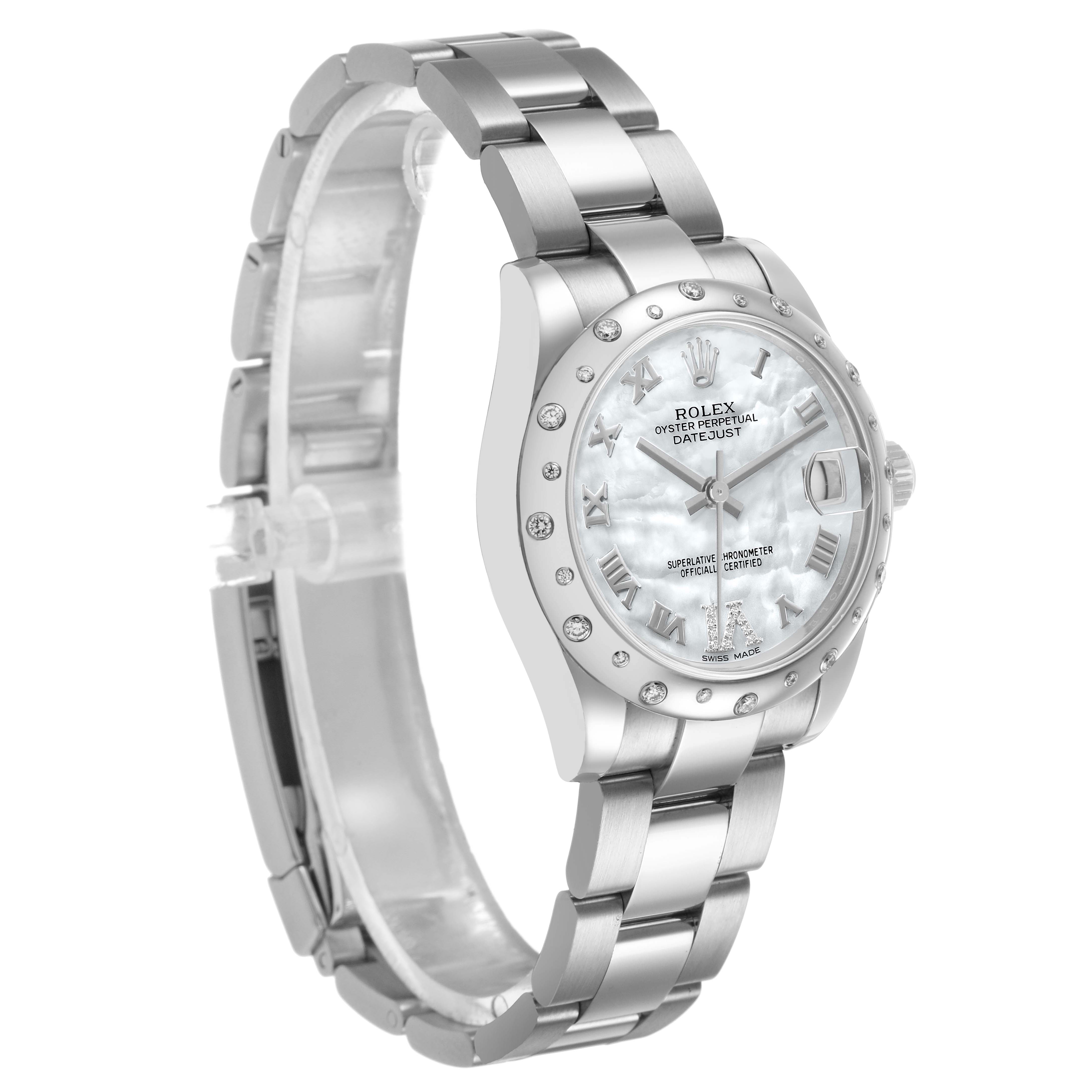 The Rolex Mid-Size 178344 Women's Stainless Steel Mother of Pearl Dial watch is shown at a three-quarter angle, displaying the dial, crown, bezel, and bracelet.