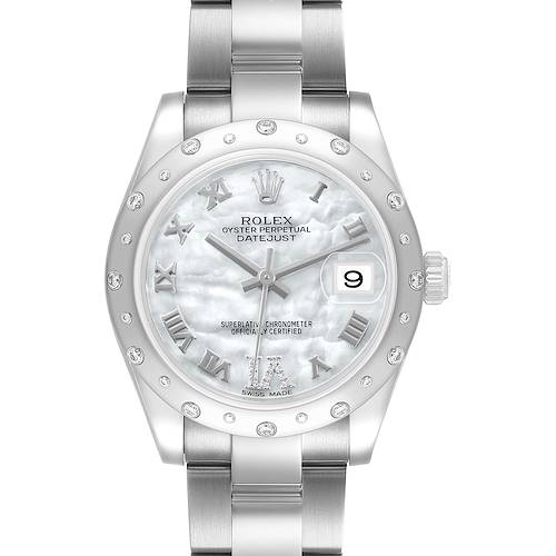 The Rolex Mid-Size 178344 Women's Stainless Steel Mother of Pearl Dial watch is shown from the front, displaying the dial, bezel, and part of the bracelet.