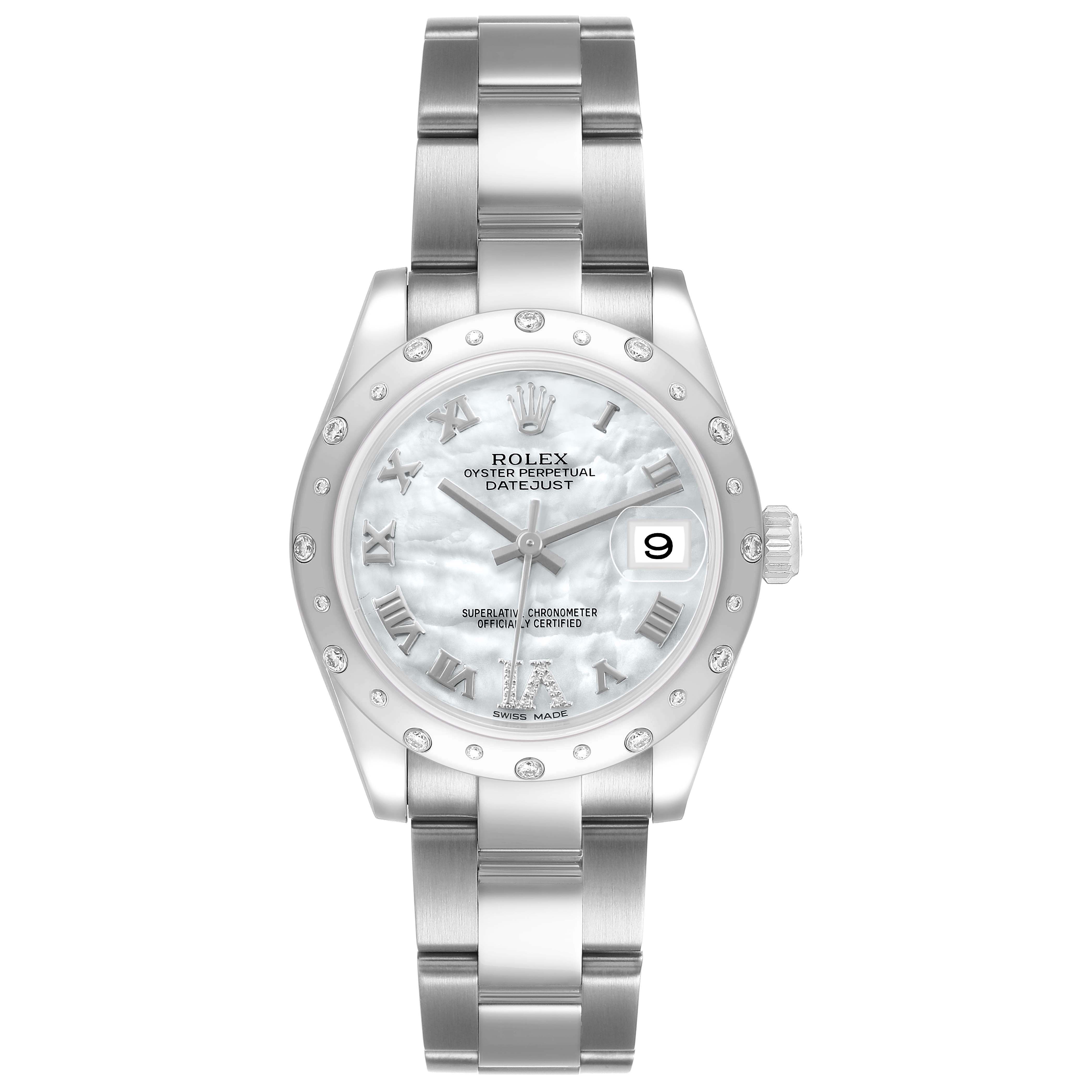 The Rolex Mid-Size 178344 Women's Stainless Steel Mother of Pearl Dial watch is shown from a top-down angle, displaying the face, bezel, and bracelet.