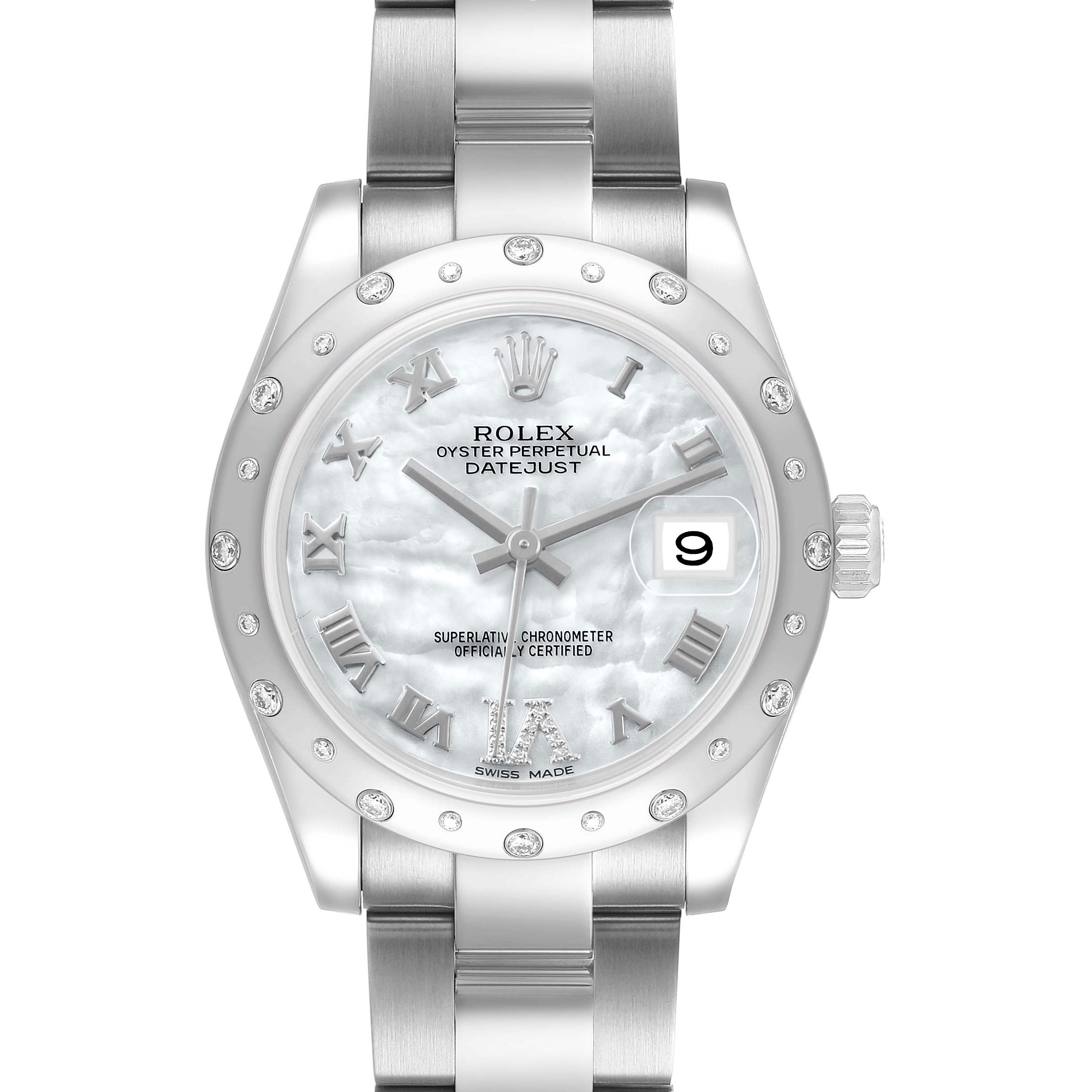 The Rolex Datejust Mid-Size watch is shown from a front angle, highlighting the face, bezel, bracelet, and crown.