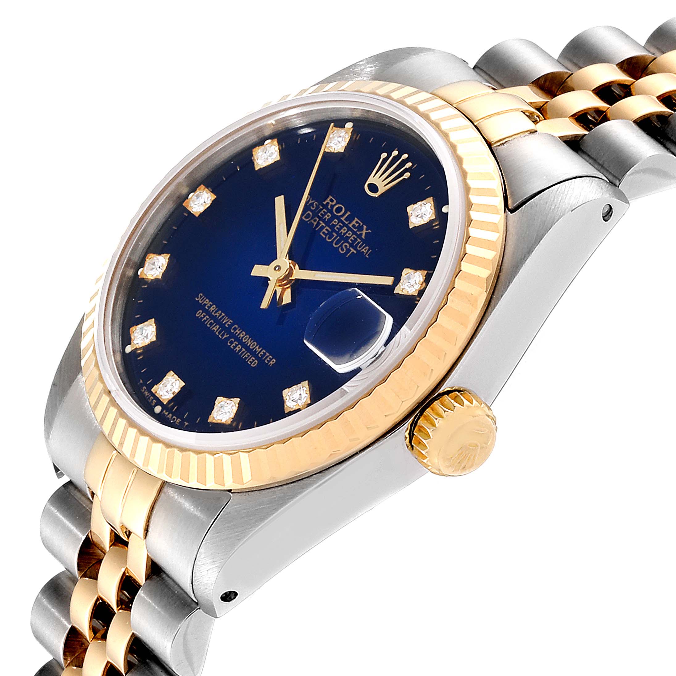 The image shows a side view of a Rolex Datejust 68273 Women's Steel and Gold (two tone) Blue Dial 68273 Women's Steel and Gold (two tone) Blue Dial watch displaying the dial, crown, and part of the bracelet.