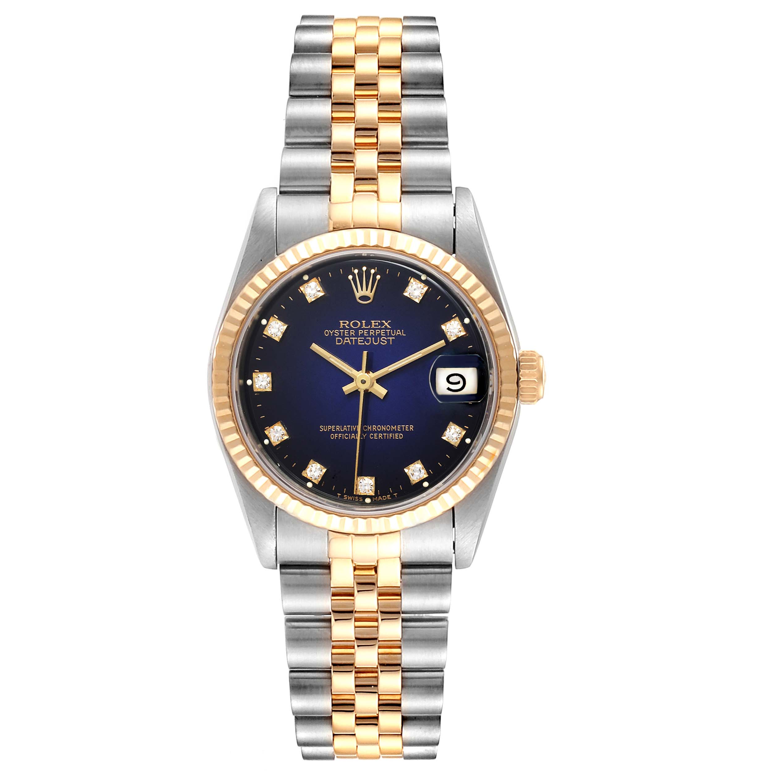 This image shows a front view of a Rolex Datejust 68273 Women's Steel and Gold (two tone) Blue Dial 68273 Women's Steel and Gold (two tone) Blue Dial watch, highlighting its two-tone bracelet, fluted bezel, and black dial.