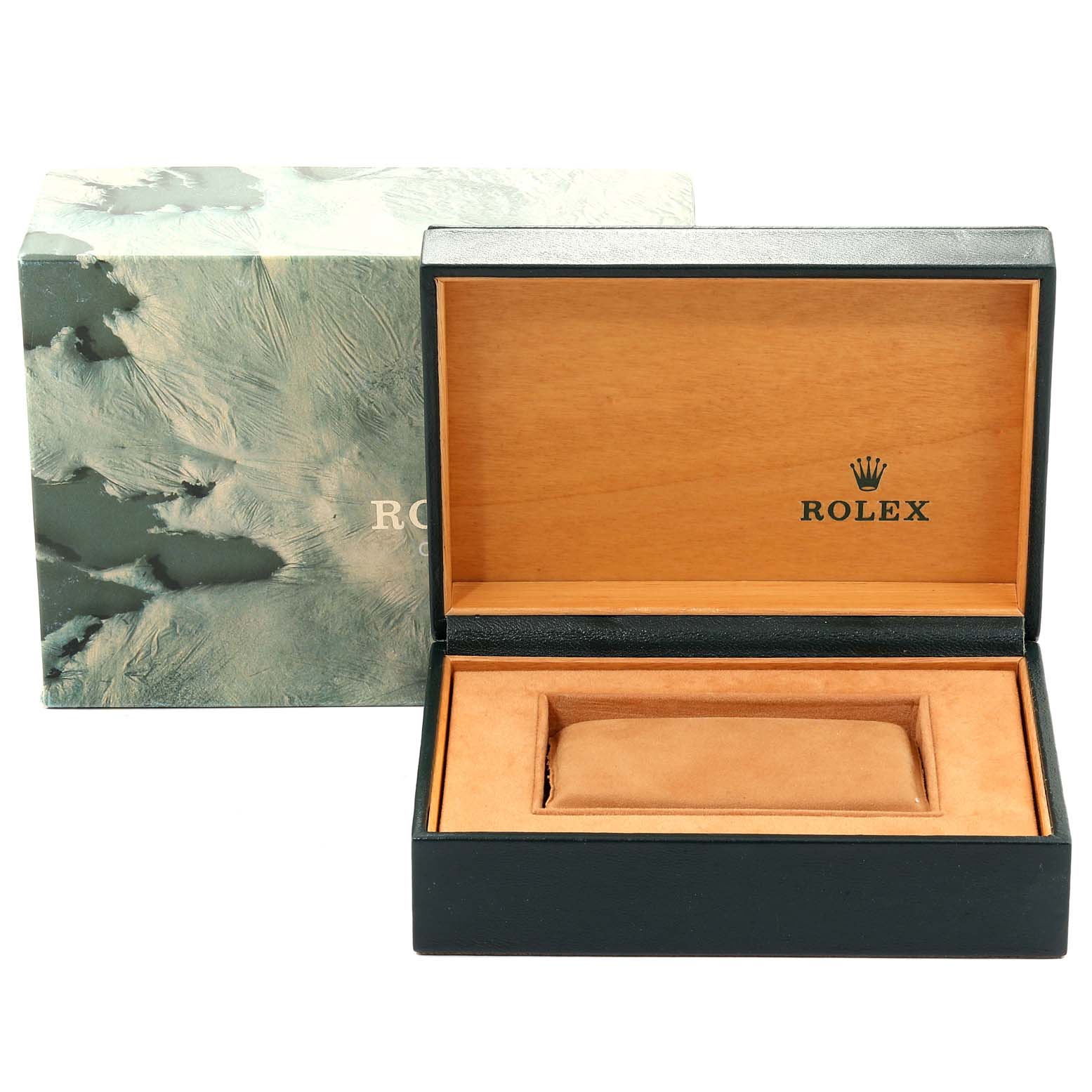 The image shows an open Rolex Datejust 68273 Women's Steel and Gold (two tone) Blue Dial 68273 Women's Steel and Gold (two tone) Blue Dial watch box and its outer packaging from a front angle.