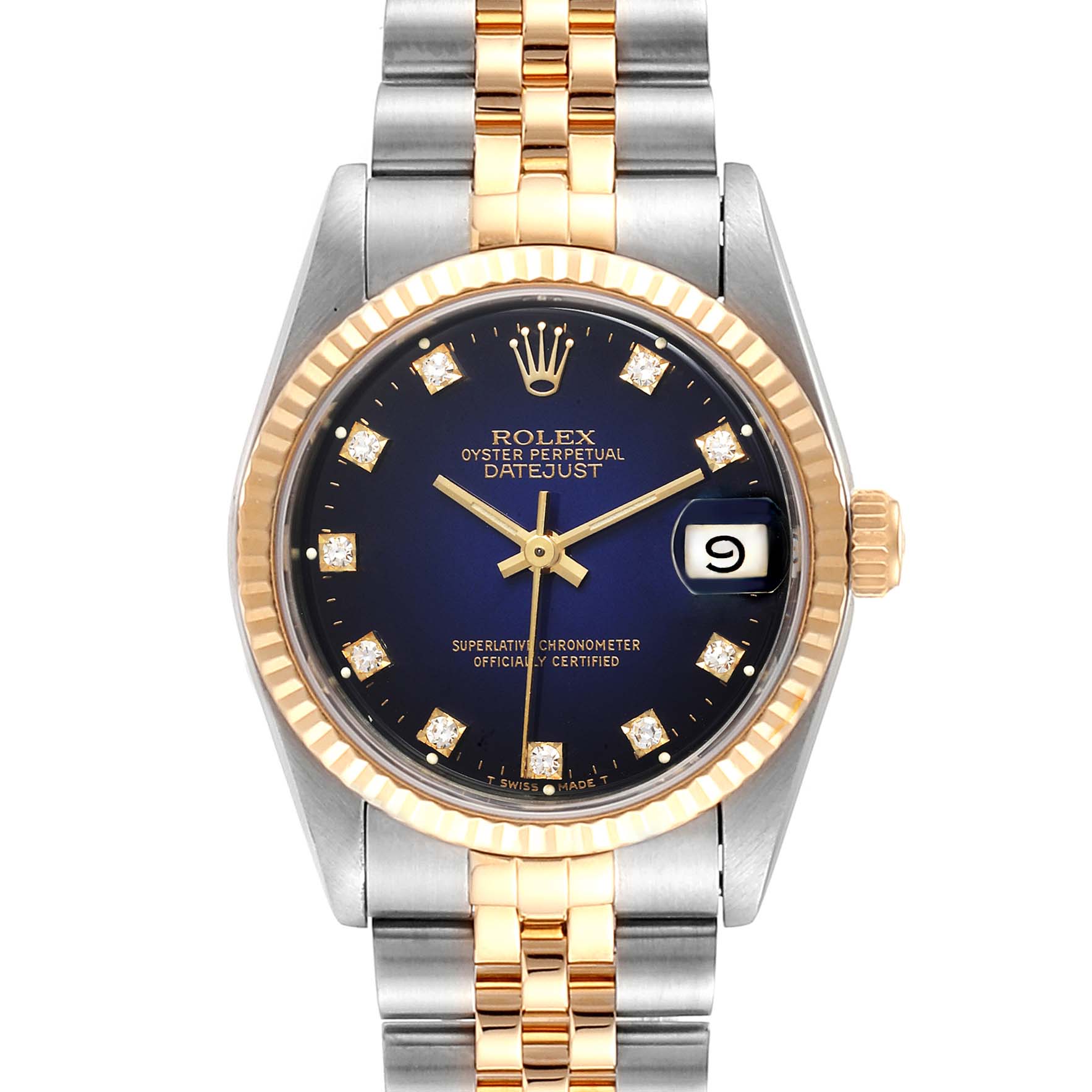 This image shows the front view of a Rolex Datejust 68273 Women's Steel and Gold (two tone) Blue Dial 68273 Women's Steel and Gold (two tone) Blue Dial watch, highlighting its face, bezel, and two-tone bracelet.