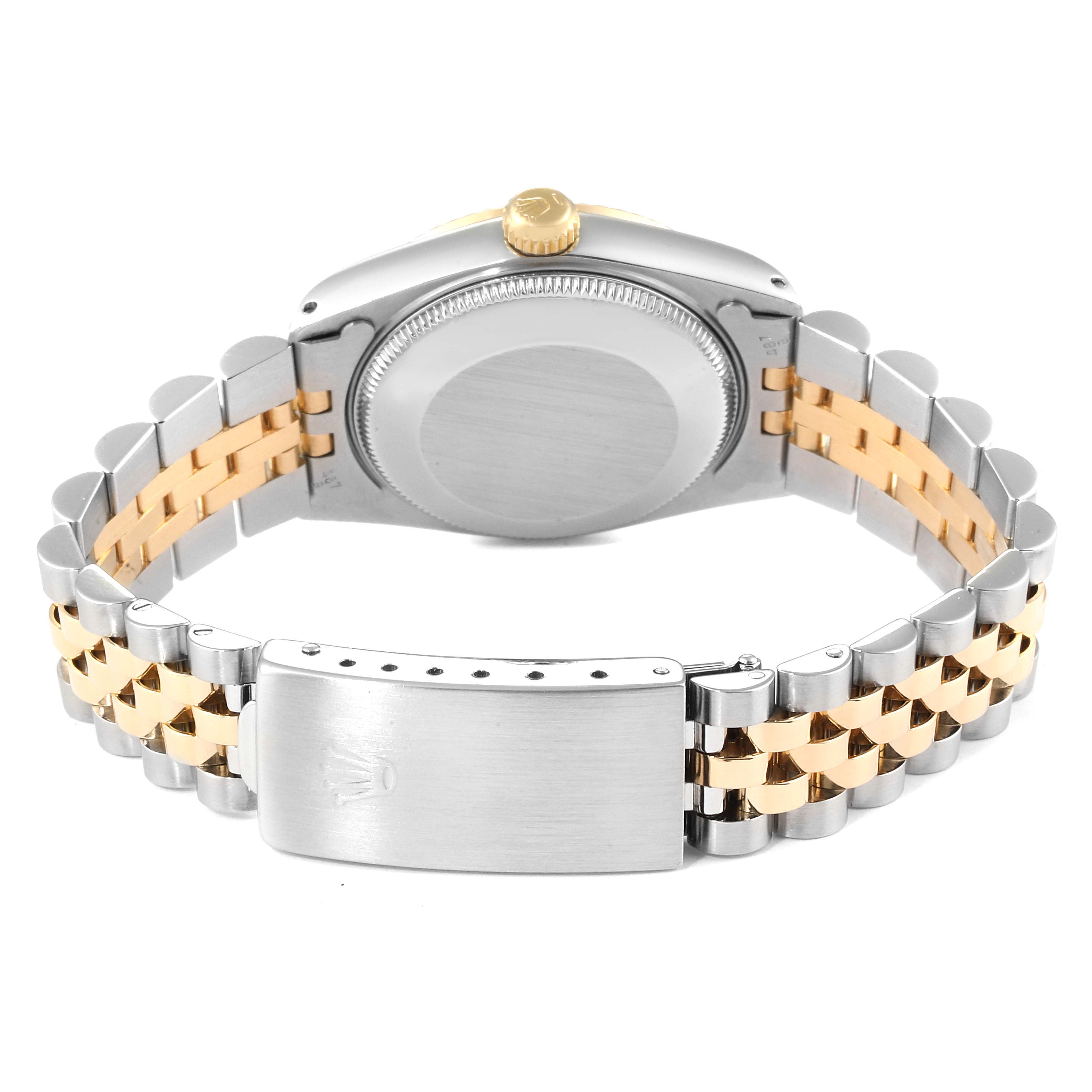 This image shows the back view of a Rolex Datejust 68273 Women's Steel and Gold (two tone) Blue Dial 68273 Women's Steel and Gold (two tone) Blue Dial watch, highlighting the case back, crown, and two-tone bracelet.