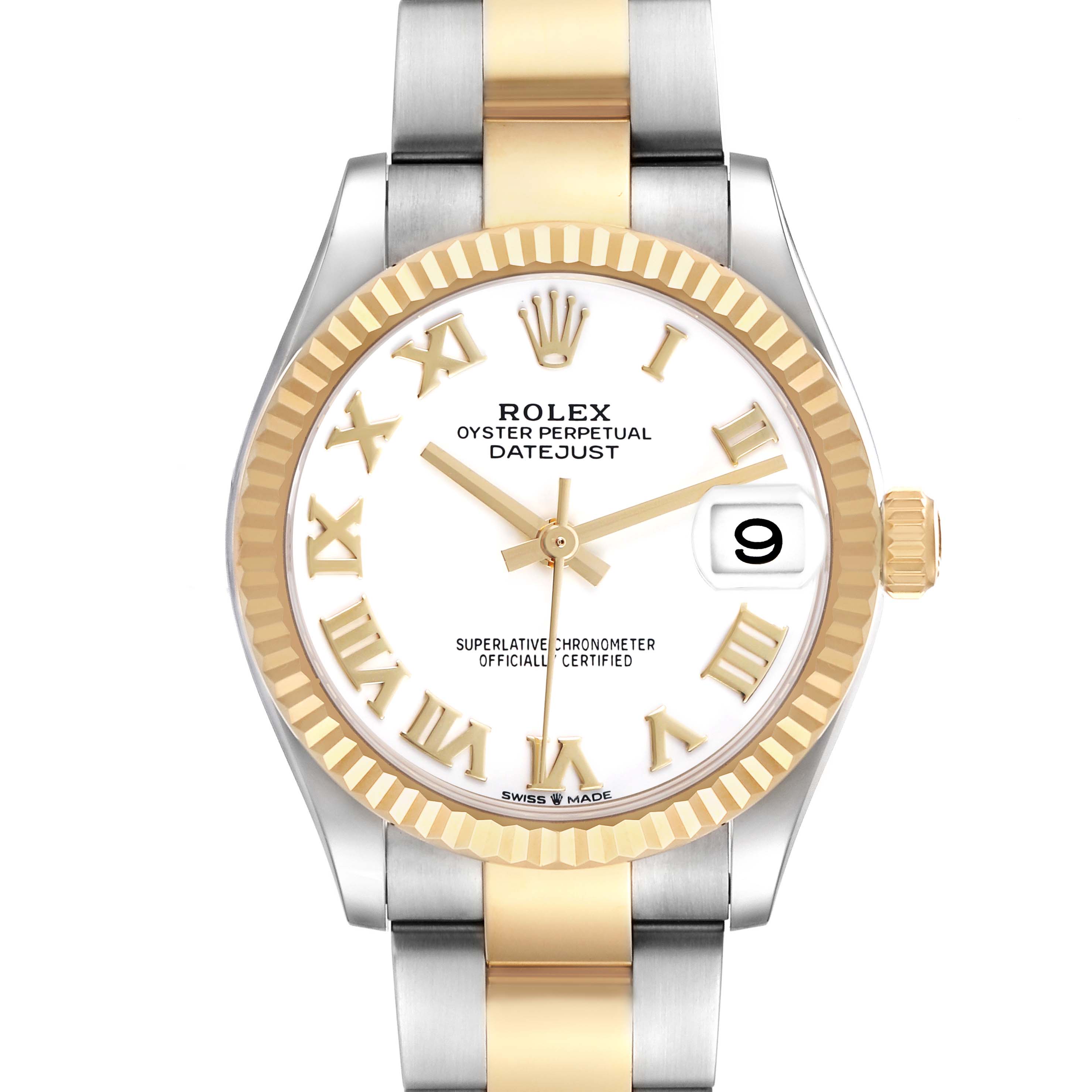 The Rolex Datejust Mid-Size watch is shown from the front, featuring its case, bezel, dial, hands, and bracelet.