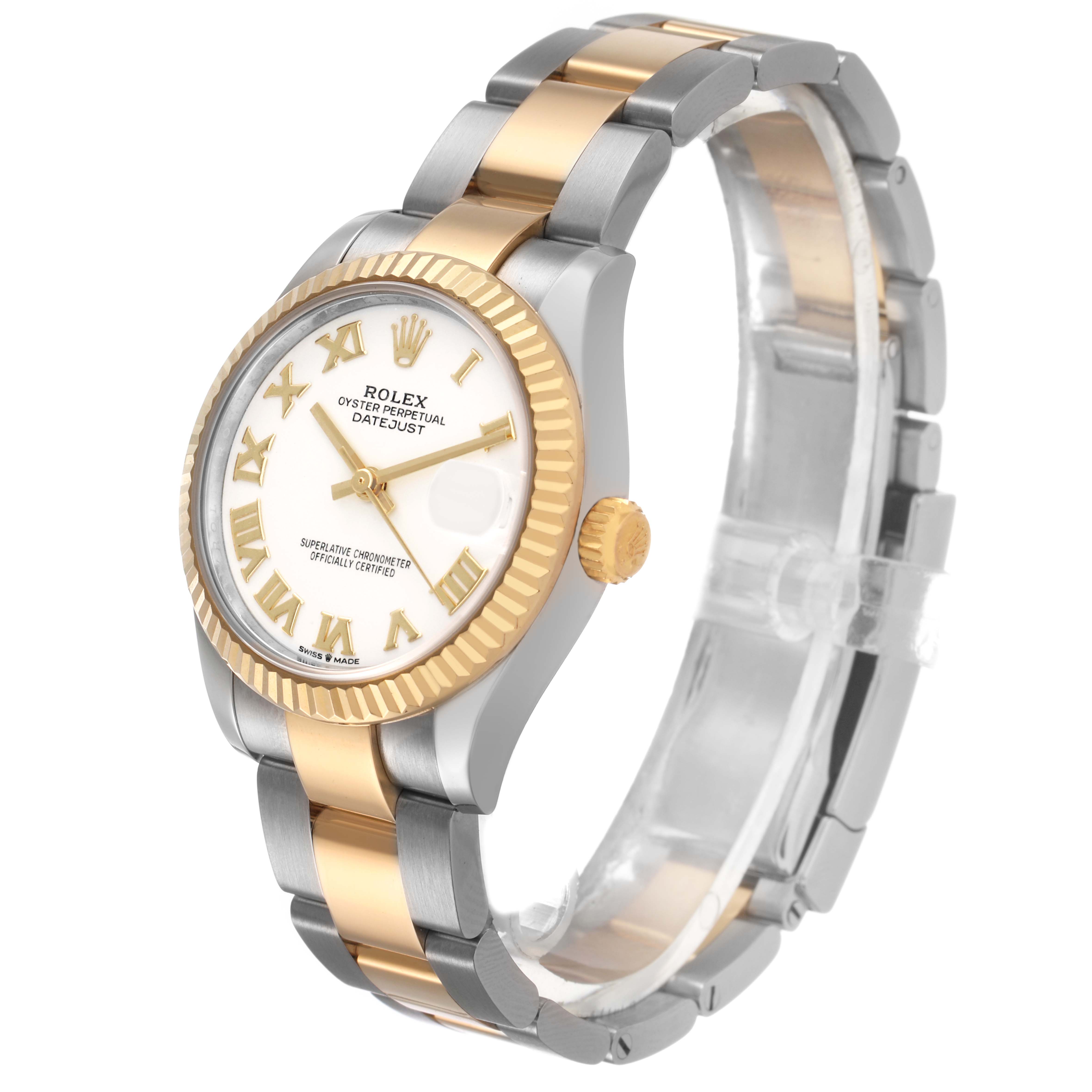 The Rolex Mid-Size 278273 Women's Steel and Gold (two tone) White Dial model is shown at a three-quarter angle, highlighting the bezel, dial, bracelet, and crown.