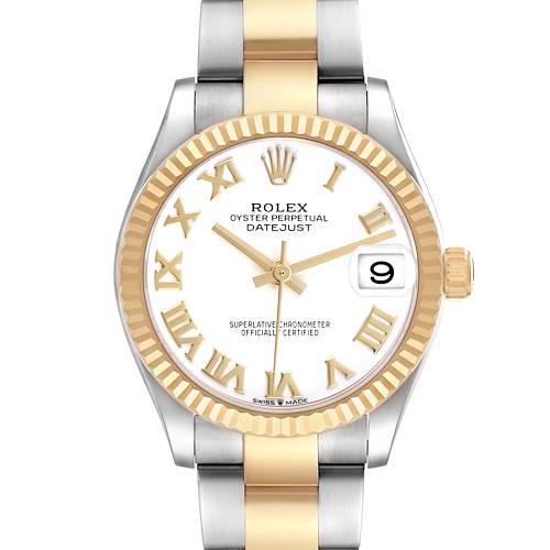 The Rolex Mid-Size 278273 Women's Steel and Gold (two tone) White Dial Datejust is shown from the front, highlighting its dial, bezel, hands, and bracelet.