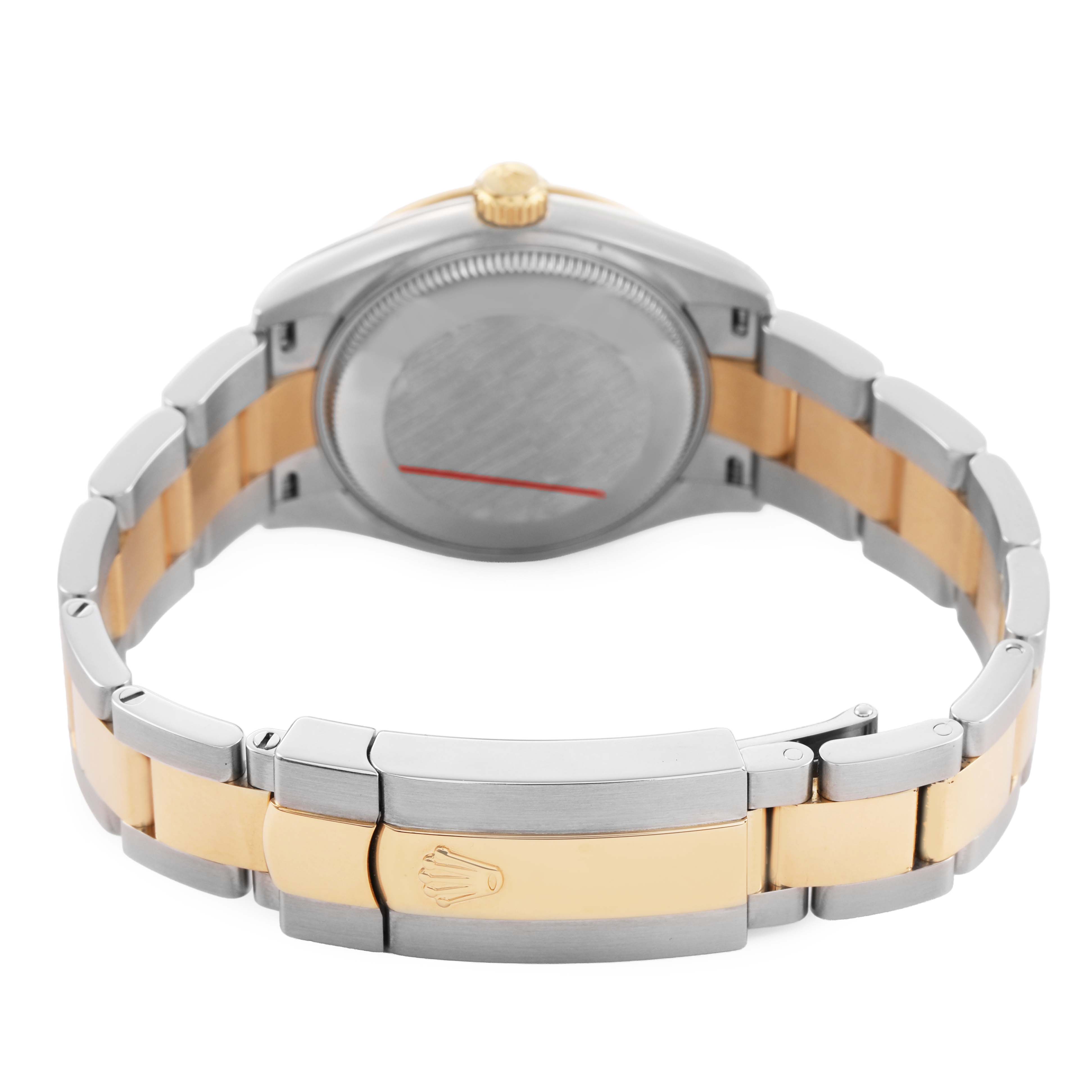 The image shows the back view of a Rolex Mid-Size 278273 Women's Steel and Gold (two tone) White Dial watch, highlighting the bracelet and clasp.