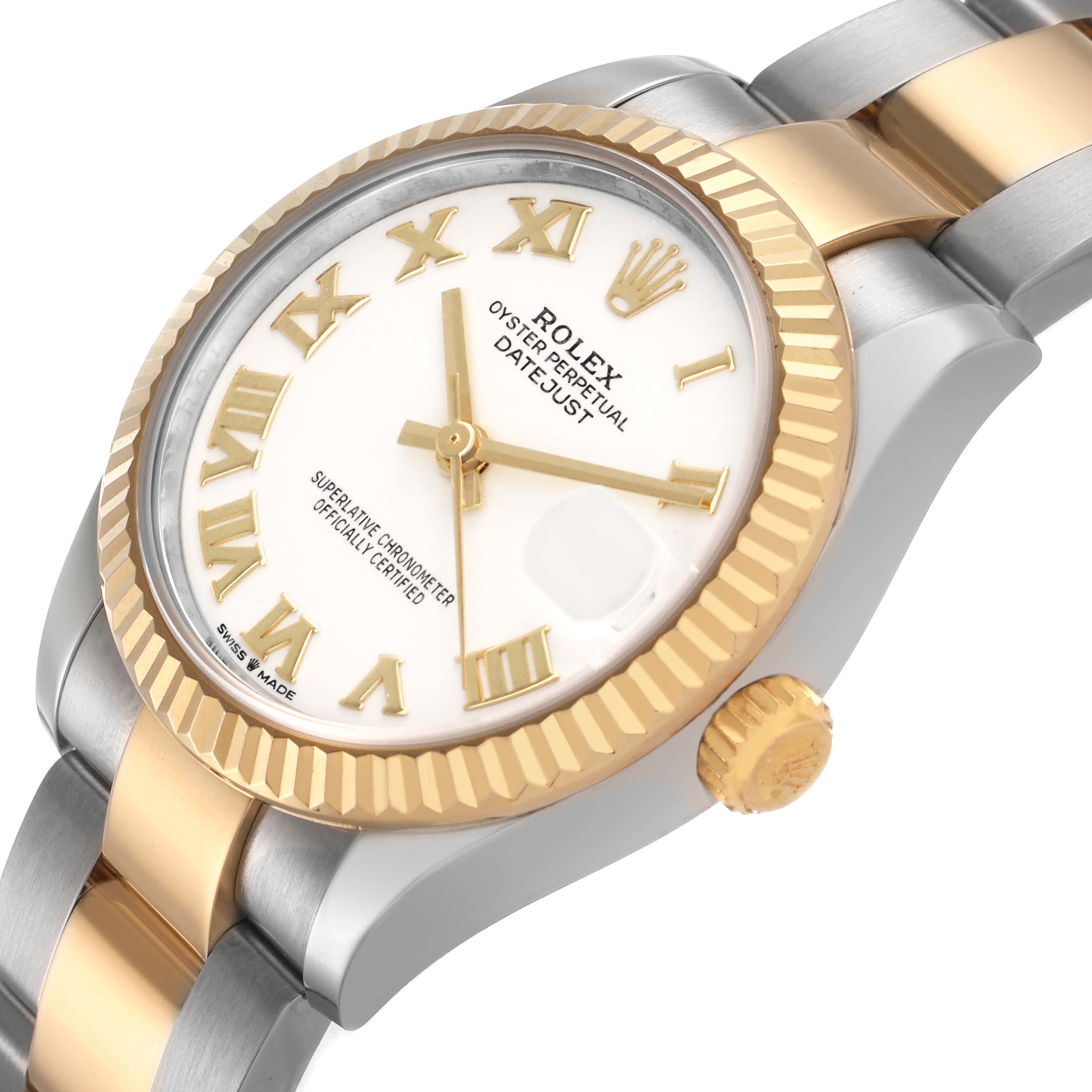 The Rolex Mid-Size 278273 Women's Steel and Gold (two tone) White Dial model is shown at an angled side view, highlighting the gold bezel, dial with Roman numerals, and bracelet.