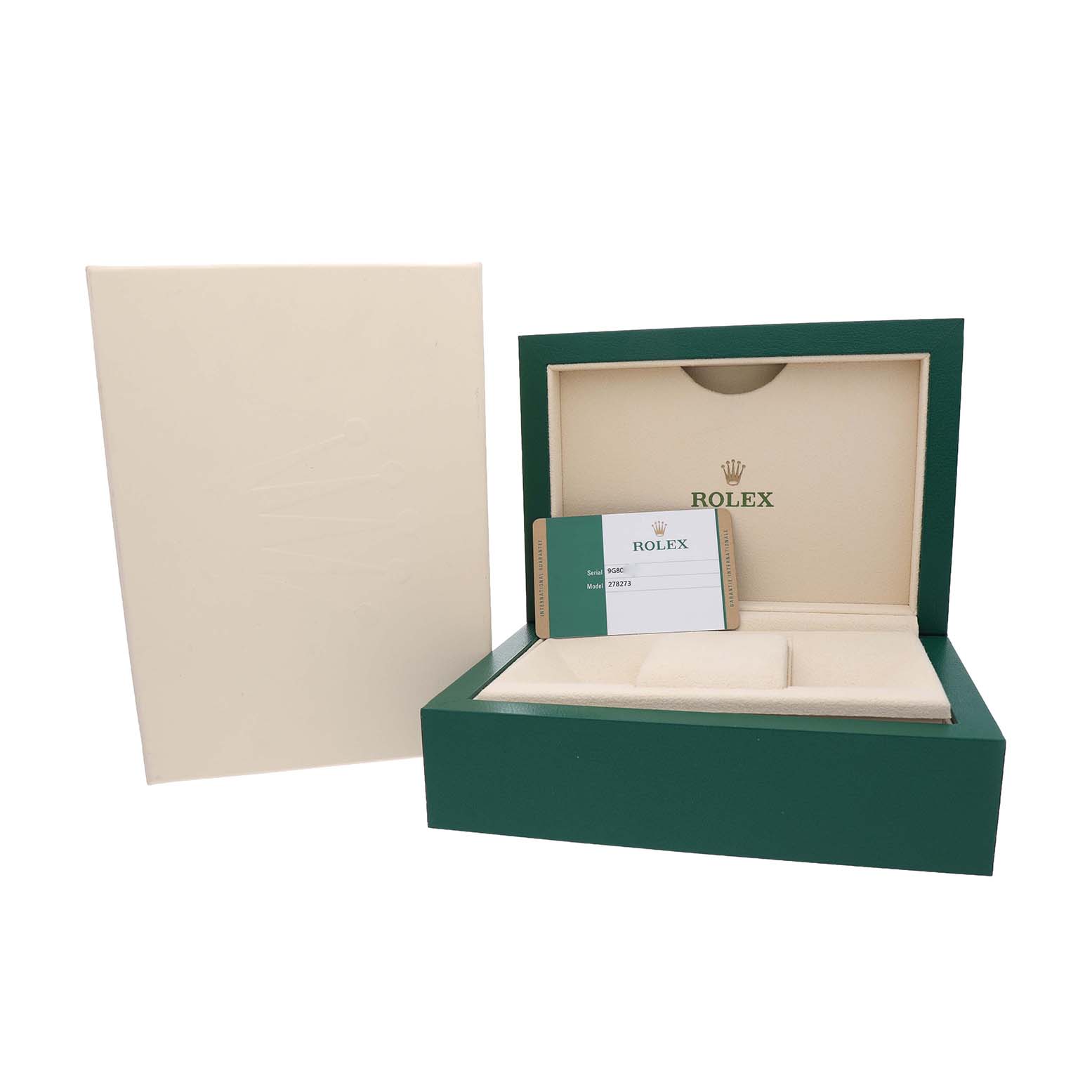 The image shows the packaging of a Rolex Mid-Size 278273 Women's Steel and Gold (two tone) White Dial model, including the box and warranty card.