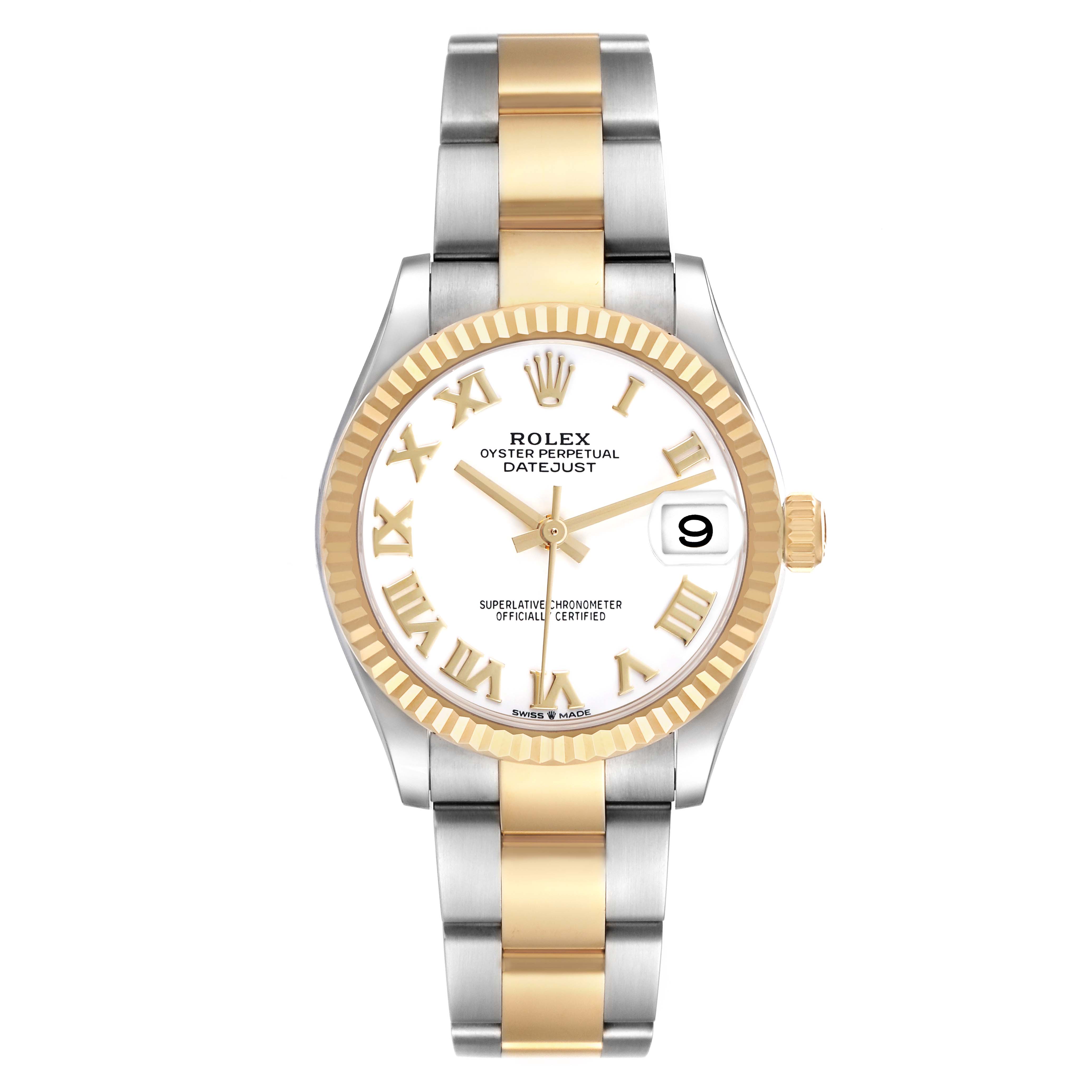The Rolex Mid-Size 278273 Women's Steel and Gold (two tone) White Dial watch is shown from a front view, displaying the face, bezel, and bracelet.