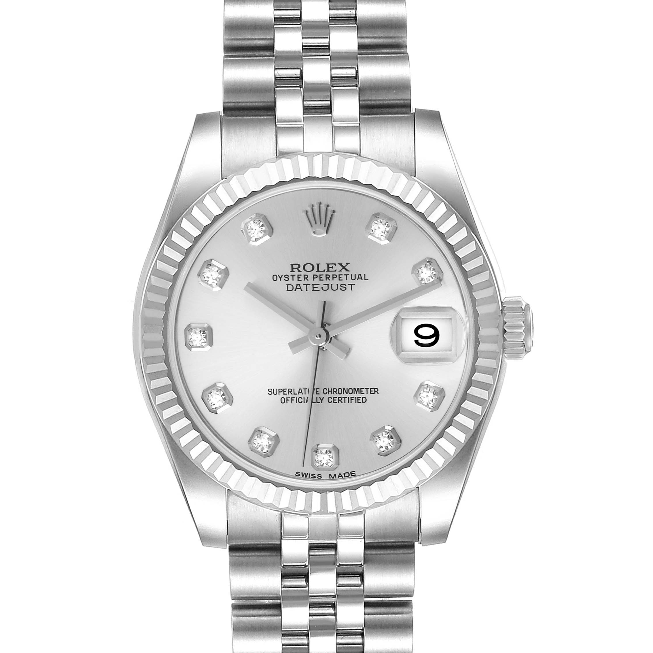 The image shows a front view of the Rolex Mid-Size 178274 Women's Stainless Steel Silver Dial 178274 Women's Stainless Steel Silver Dial Datejust watch, highlighting its dial, hands, date window, and bracelet.