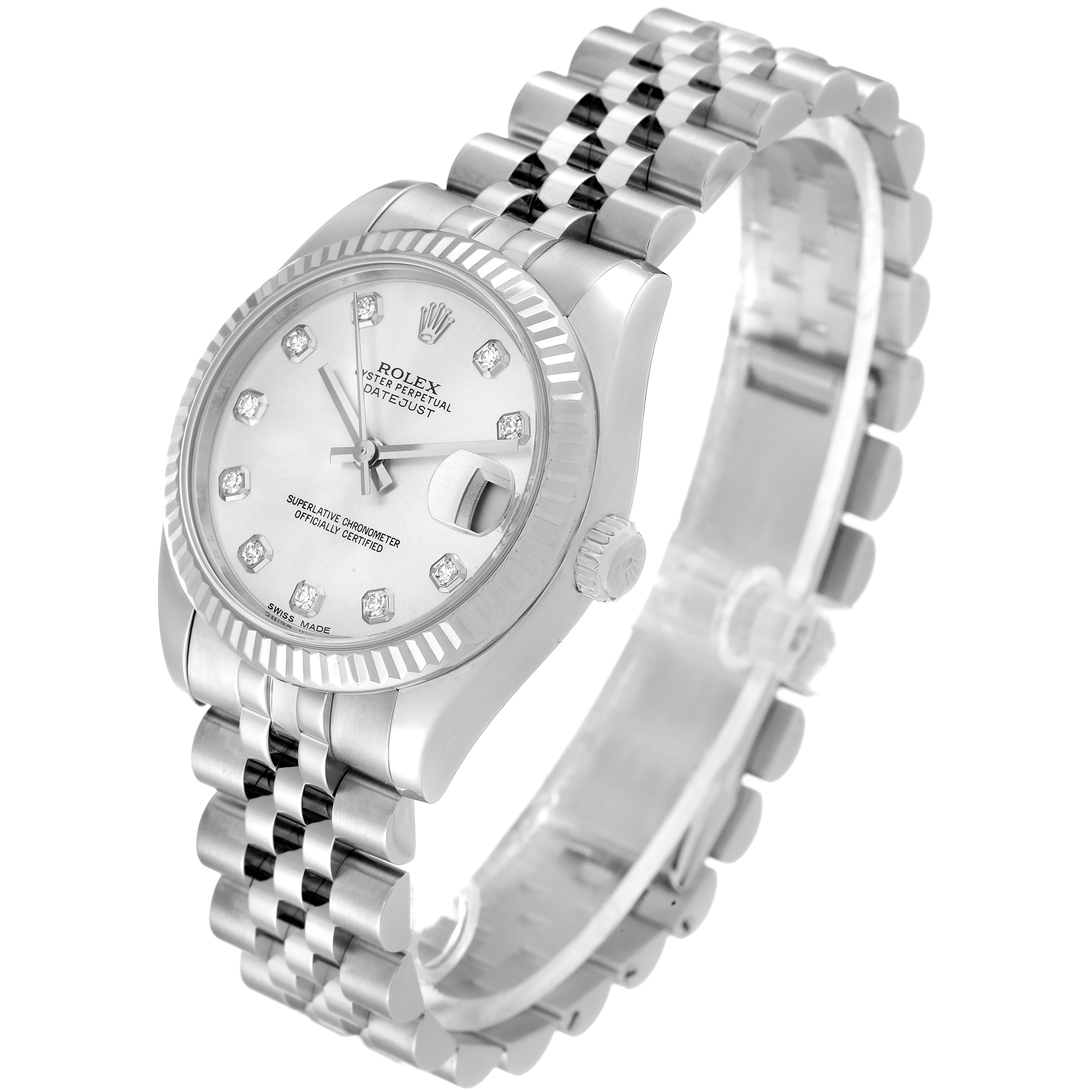 The Rolex Mid-Size 178274 Women's Stainless Steel Silver Dial 178274 Women's Stainless Steel Silver Dial watch is shown at a three-quarter angle, featuring the dial, crown, and bracelet.