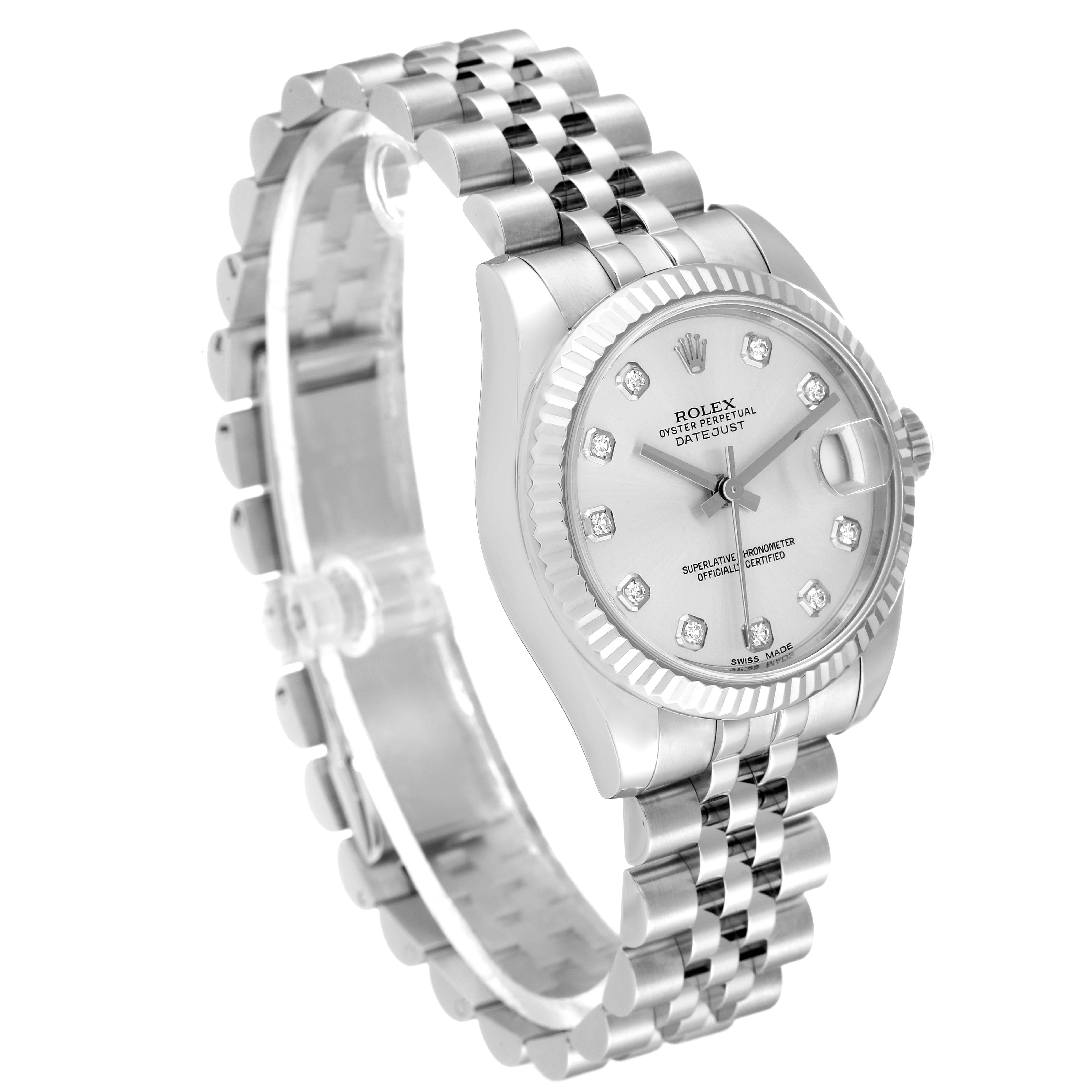 The image shows a three-quarter view of a Mid-Size Rolex Datejust watch, highlighting the jubilee bracelet, fluted bezel, and diamond indices.