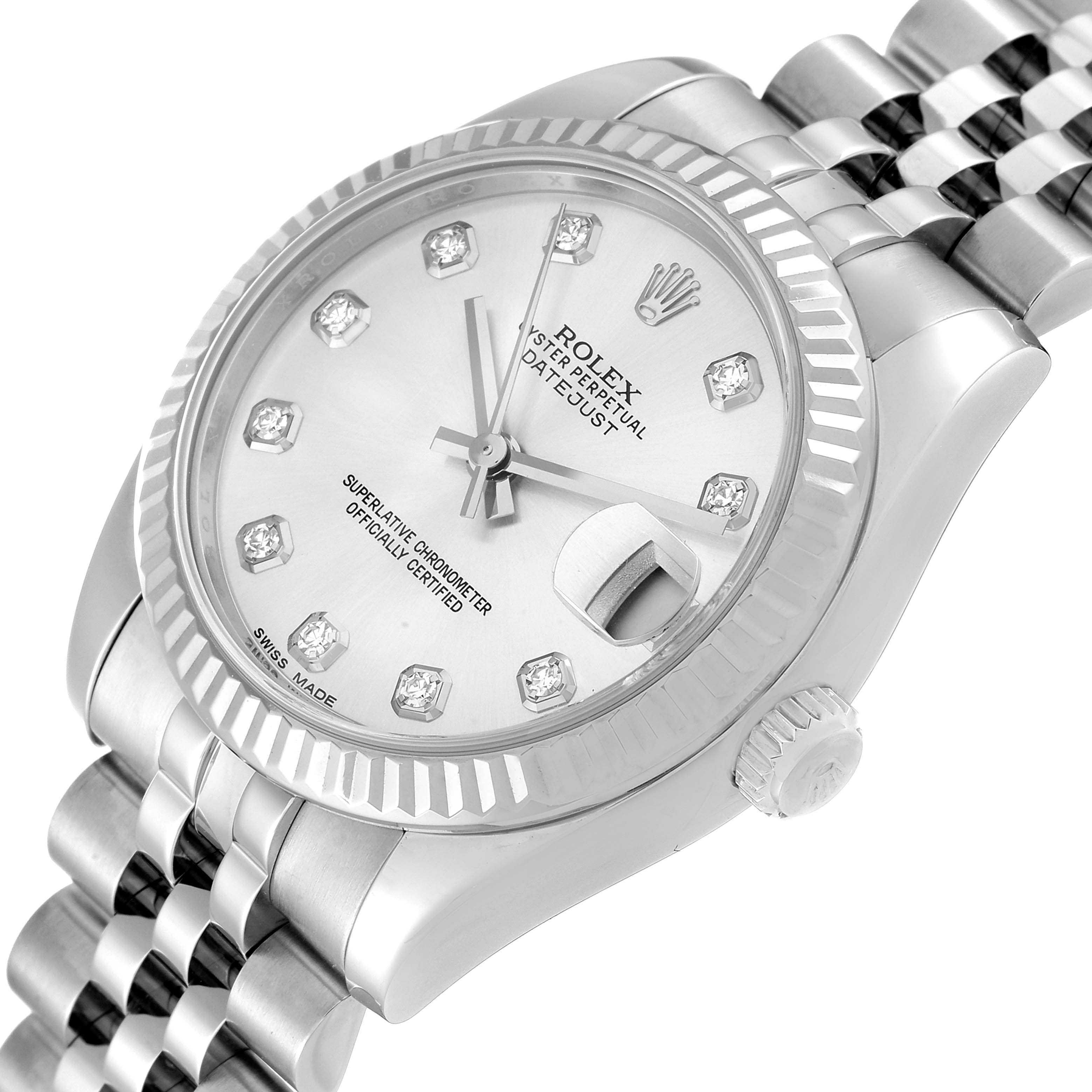 The image shows a close-up angle of a Rolex Mid-Size 178274 Women's Stainless Steel Silver Dial 178274 Women's Stainless Steel Silver Dial Datejust, highlighting the dial and part of the bracelet.