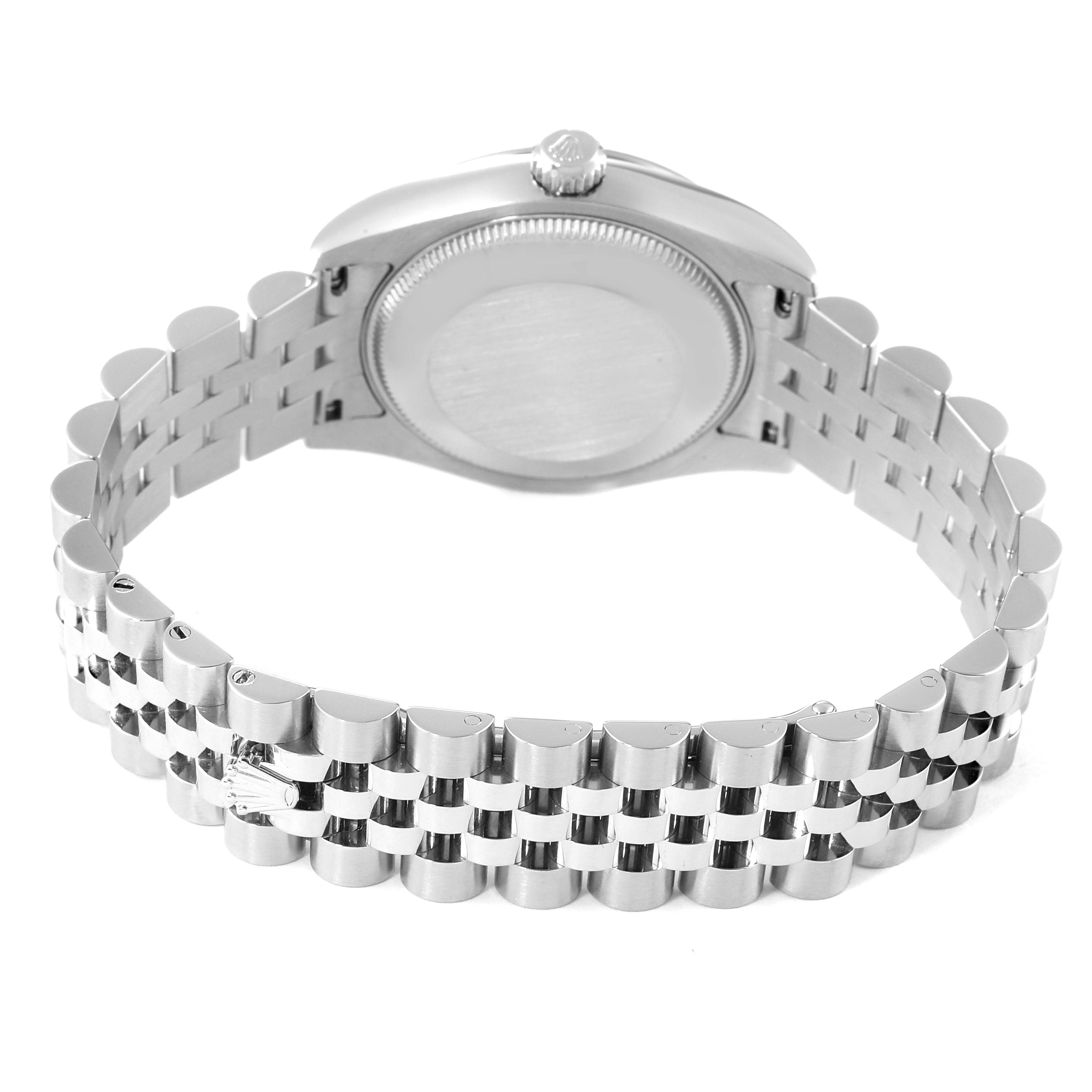 The image shows the back and side view of a Rolex Mid-Size 178274 Women's Stainless Steel Silver Dial 178274 Women's Stainless Steel Silver Dial watch, highlighting its case, crown, and band.