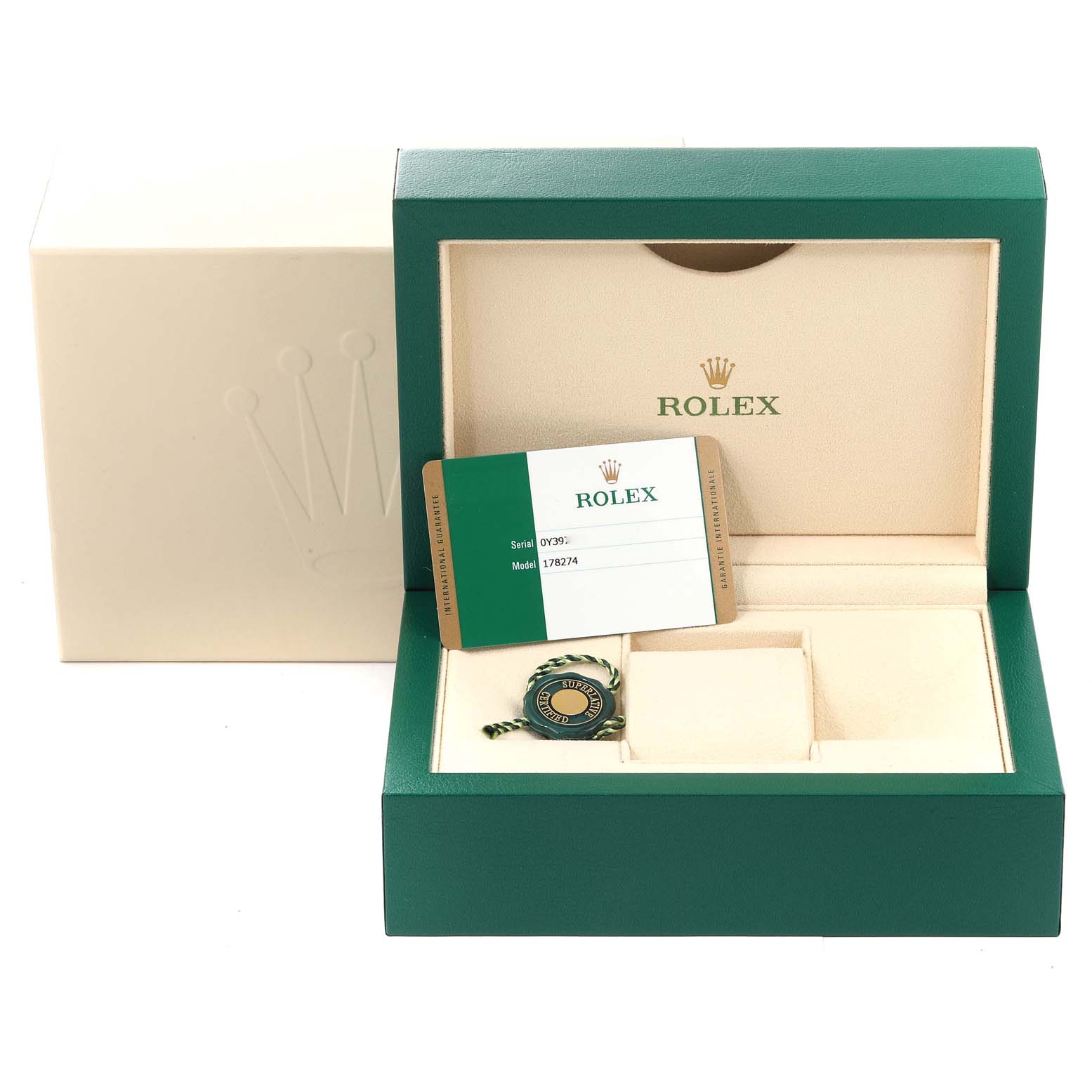 The image shows the open packaging of a Rolex Mid-Size 178274 Women's Stainless Steel Silver Dial 178274 Women's Stainless Steel Silver Dial model 178274, including the box, warranty card, and tag.