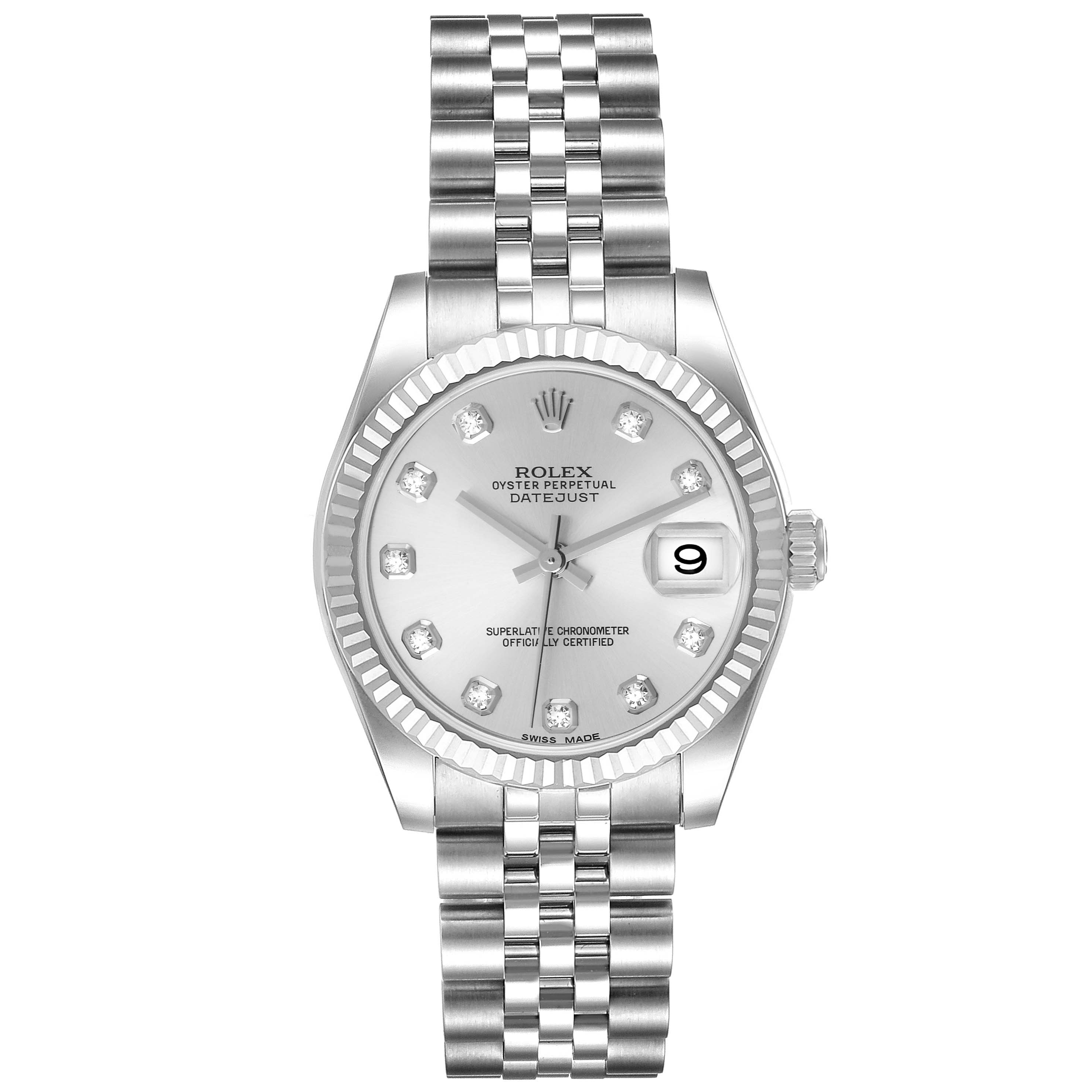 The image shows a front view of the Rolex Mid-Size 178274 Women's Stainless Steel Silver Dial 178274 Women's Stainless Steel Silver Dial Oyster Perpetual Datejust, featuring a jubilee bracelet and diamond hour markers.