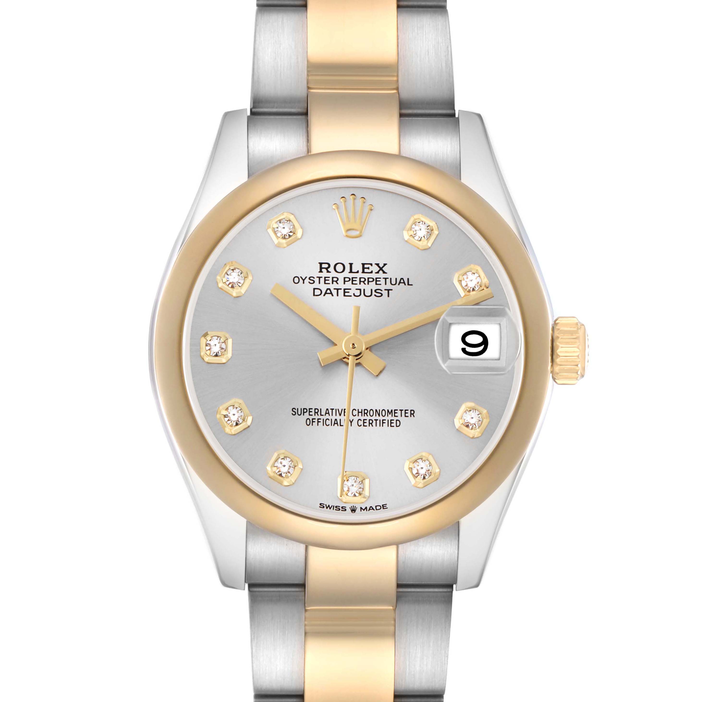The Rolex Mid-Size 278243 Women's Steel and Gold (two tone) Silver Dial Datejust watch is shown from a front view, highlighting the dial, bezel, and bracelet.