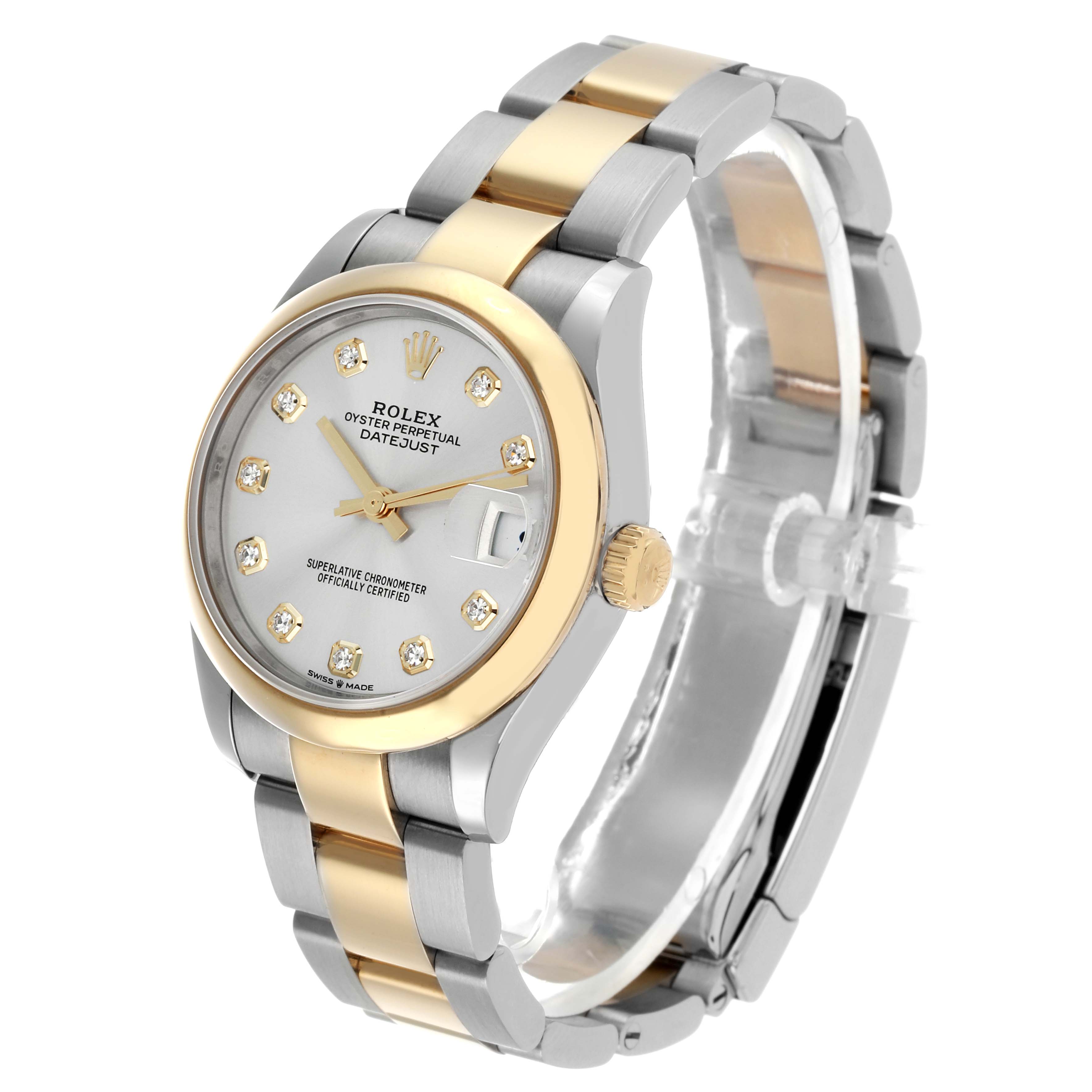 The Rolex Mid-Size 278243 Women's Steel and Gold (two tone) Silver Dial Datejust is shown at a three-quarter angle, highlighting the dial, bezel, crown, and bracelet.