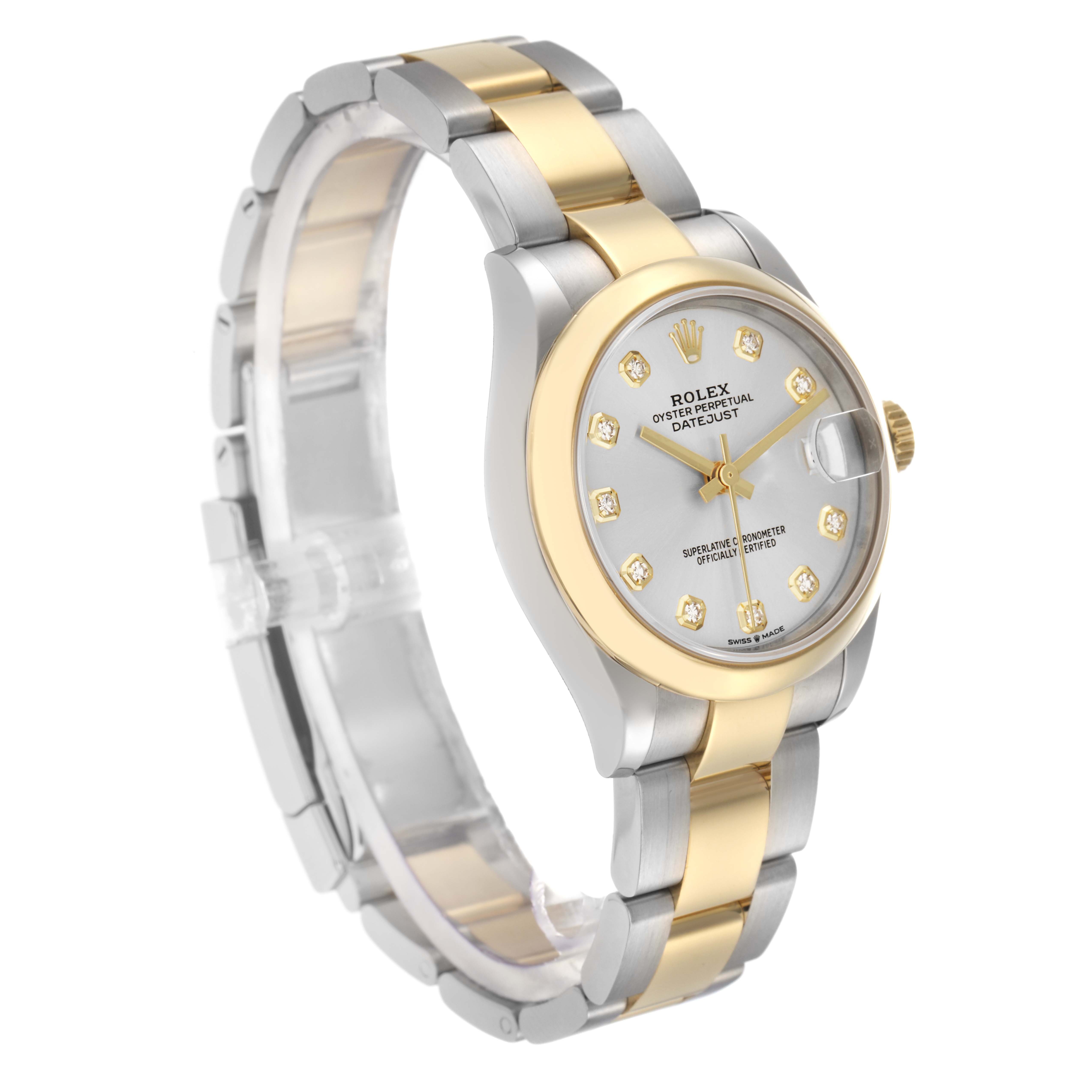 The Rolex Datejust 278243 Women's Steel and Gold (two tone) Silver Dial 278243 Women's Steel and Gold (two tone) Silver Dial watch is shown from a three-quarter angle, displaying the dial, bezel, and part of the bracelet.