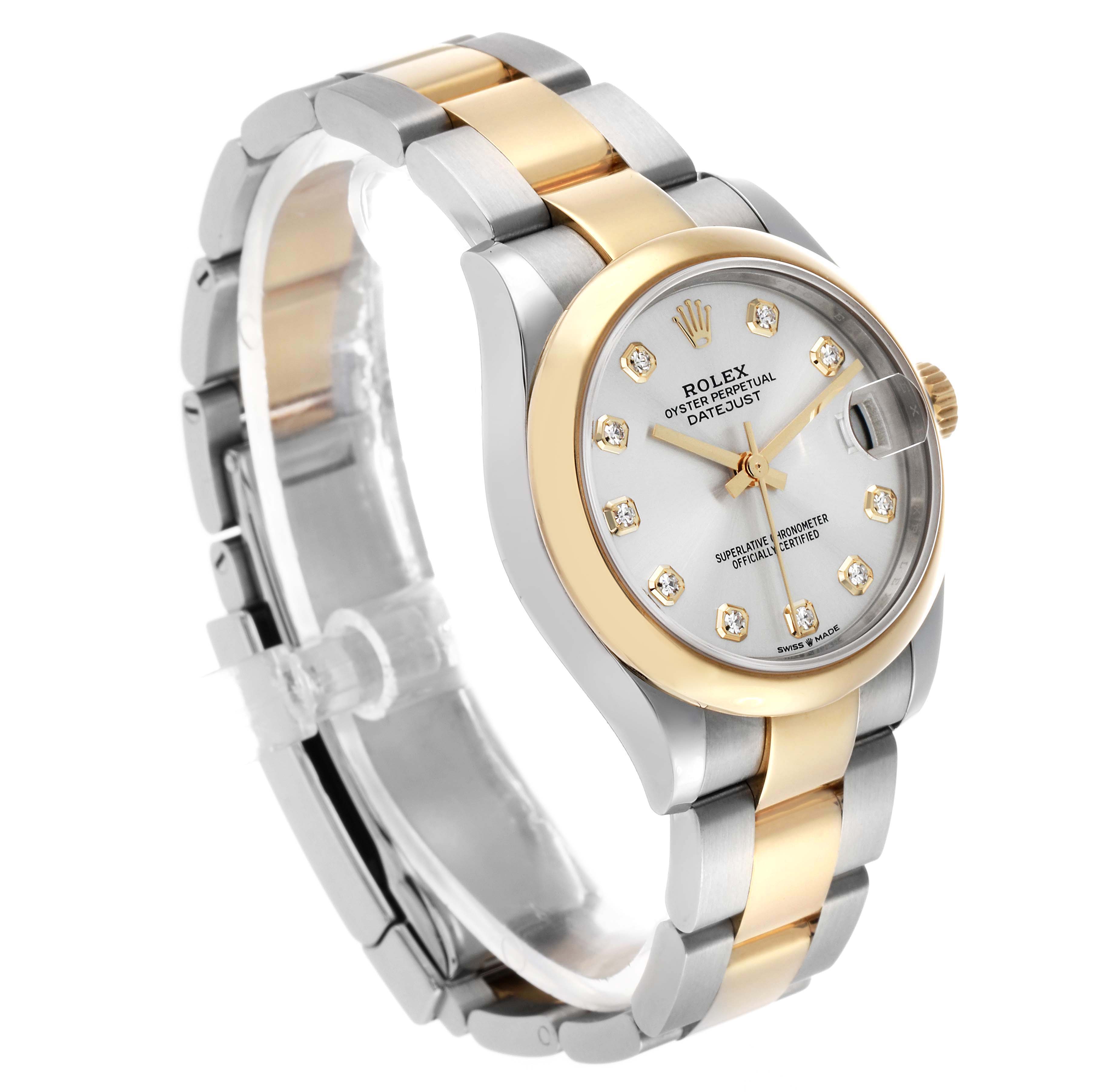 The Rolex Mid-Size 278243 Women's Steel and Gold (two tone) Silver Dial watch is shown at a three-quarter angle featuring the face, bezel, bracelet, and crown.