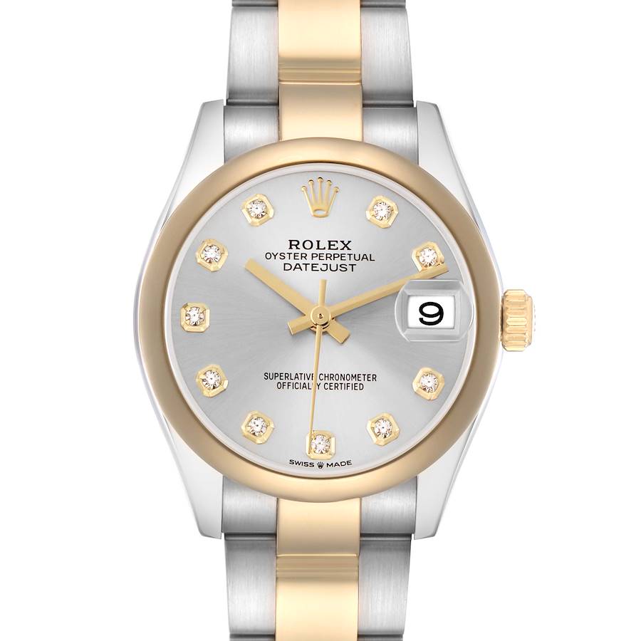 The Rolex Datejust watch is shown from a top view, highlighting the face, bezel, crown, and part of the bracelet.