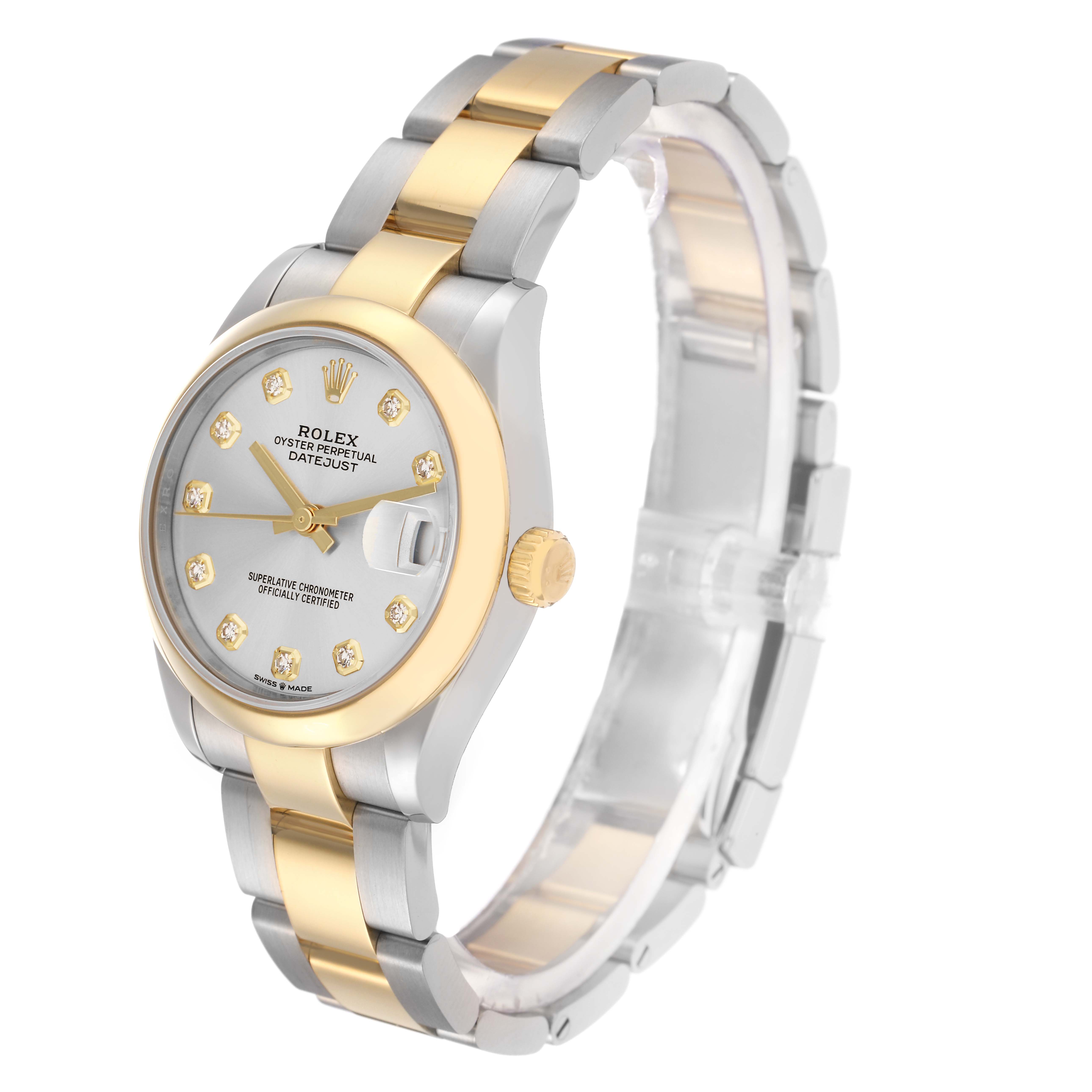 The Rolex Datejust 278243 Women's Steel and Gold (two tone) Silver Dial 278243 Women's Steel and Gold (two tone) Silver Dial watch is shown at a three-quarter angle highlighting the dial, bezel, crown, and bracelet.
