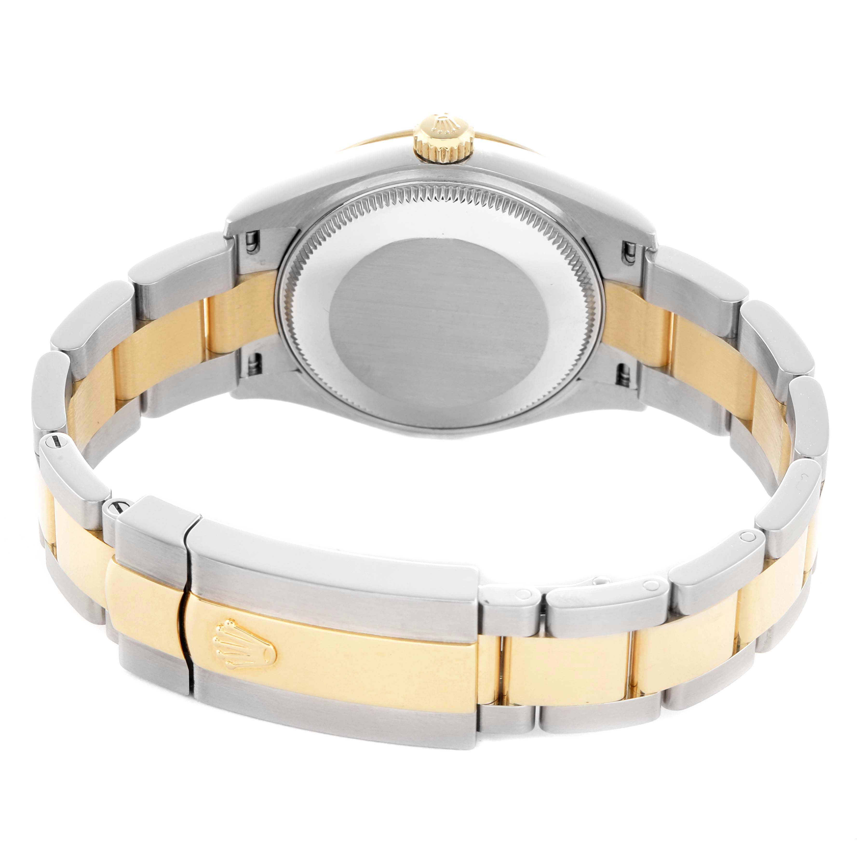The image shows the backside of the Rolex Mid-Size 278243 Women's Steel and Gold (two tone) Silver Dial watch, highlighting the two-tone bracelet and clasp.