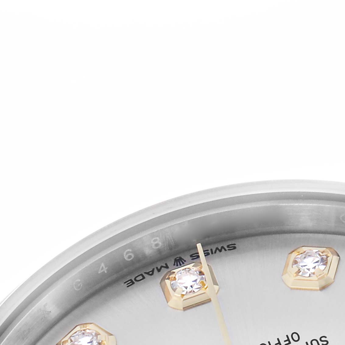 The image shows a close-up of the Rolex Datejust 278243 Women's Steel and Gold (two tone) Silver Dial 278243 Women's Steel and Gold (two tone) Silver Dial watch face, highlighting diamond hour markers and part of the bezel.