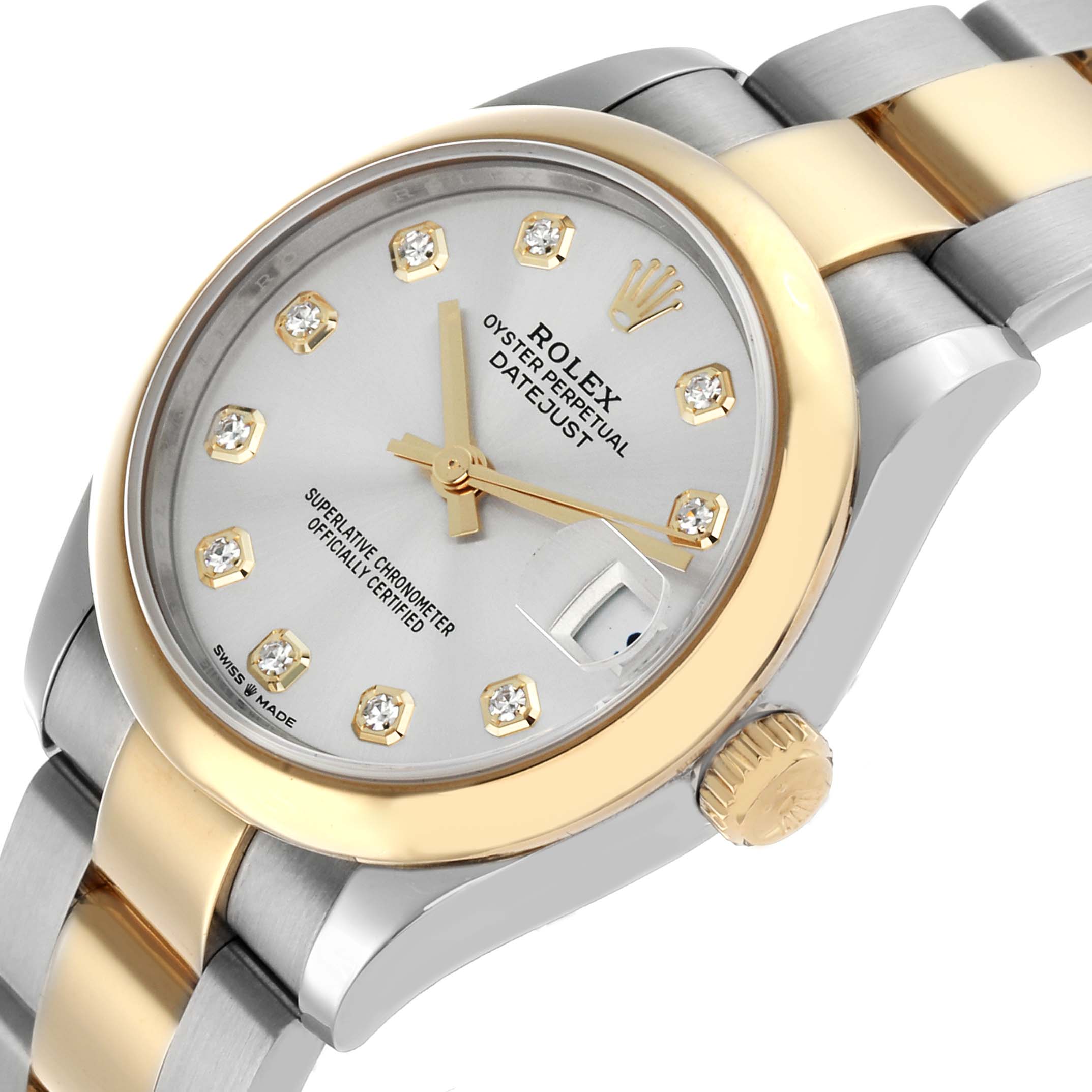 The image shows a Rolex Mid-Size 278243 Women's Steel and Gold (two tone) Silver Dial Datejust at an angle displaying the face, bezel, crown, and part of the bracelet.