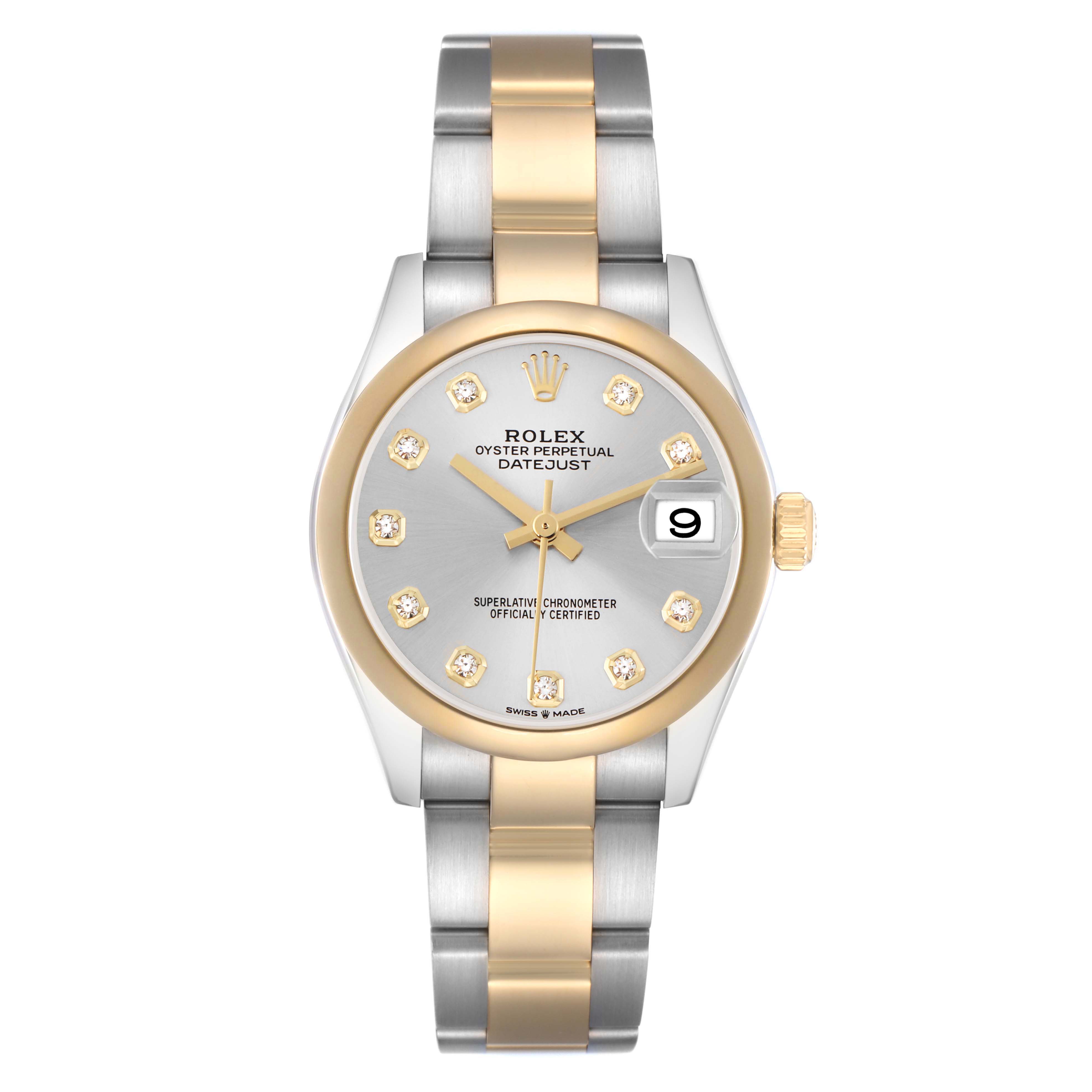 The Rolex Mid-Size 278243 Women's Steel and Gold (two tone) Silver Dial Datejust is shown from a top-down angle, featuring its face, bezel, dial, and two-tone bracelet.