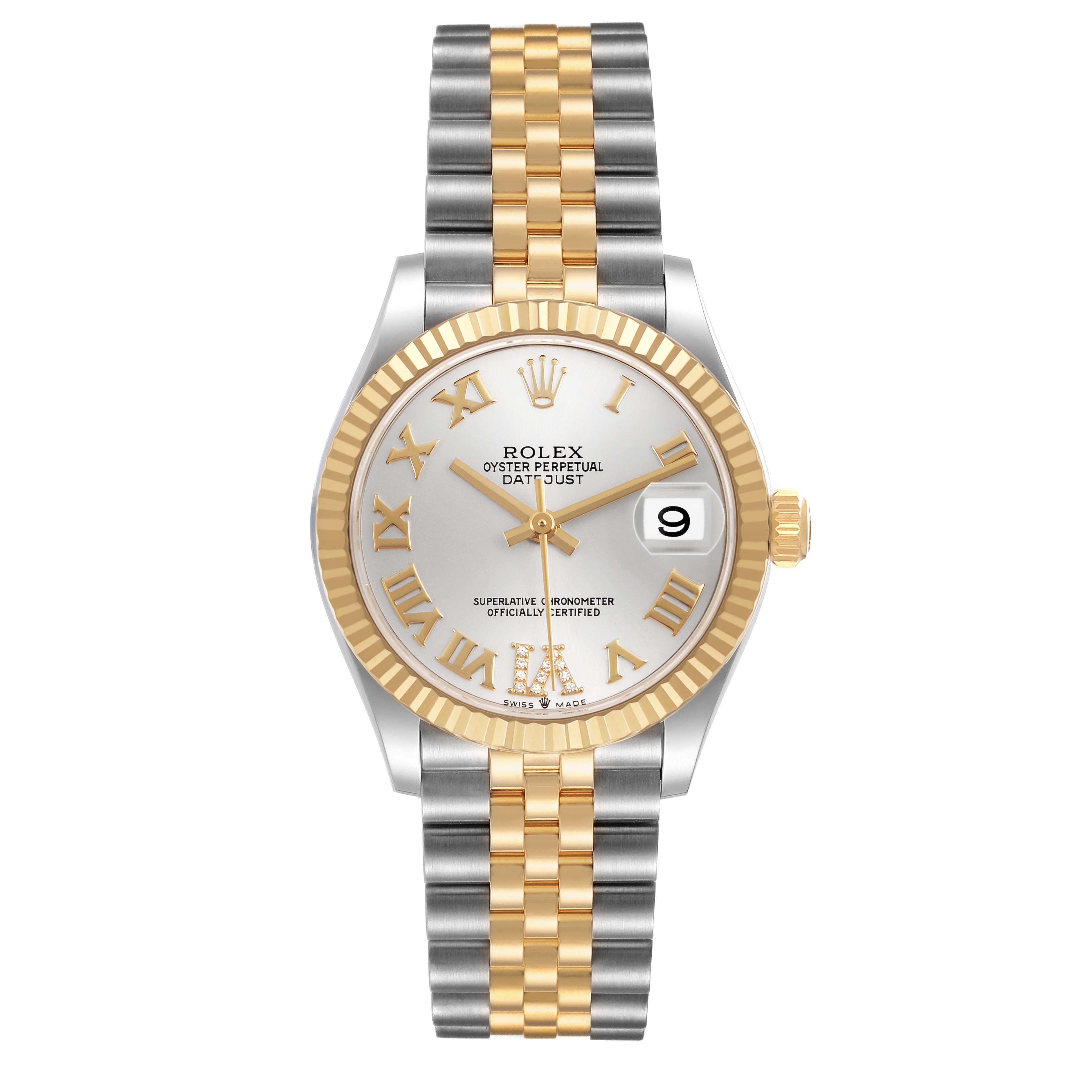 The Rolex Oyster Perpetual Datejust is shown from a top-down angle, highlighting the dial, two-tone bracelet, and date feature.