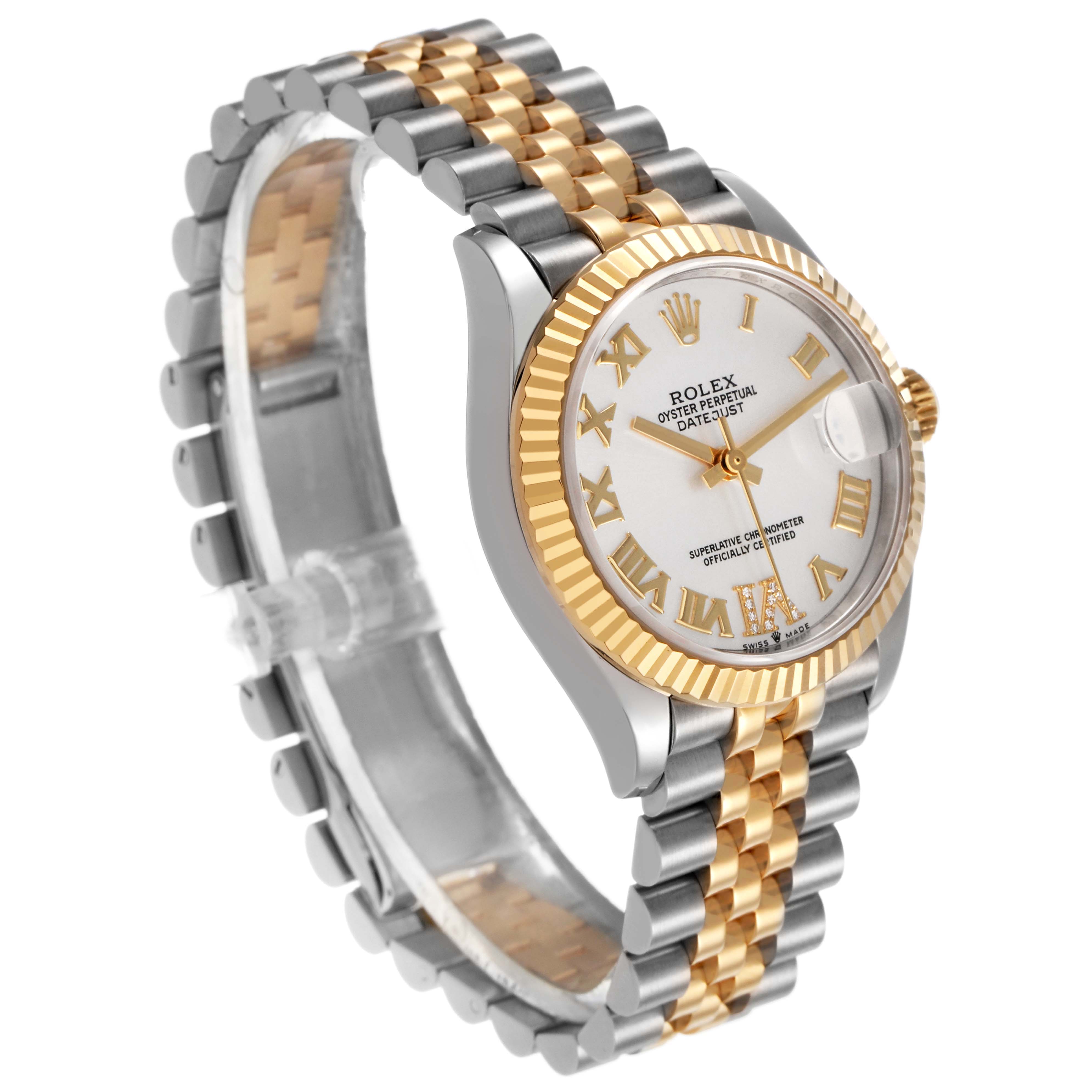 The image shows a Rolex Mid-Size 278273 Women's Steel and Gold (two tone) Silver Dial watch at a three-quarter angle, highlighting the bezel, dial, and two-tone bracelet.