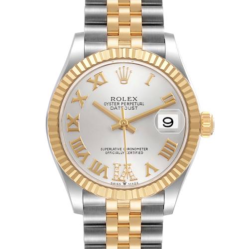 The Rolex Mid-Size 278273 Women's Steel and Gold (two tone) Silver Dial Datejust watch is shown from the front, displaying its gold and silver bracelet, dial, hands, and date feature.