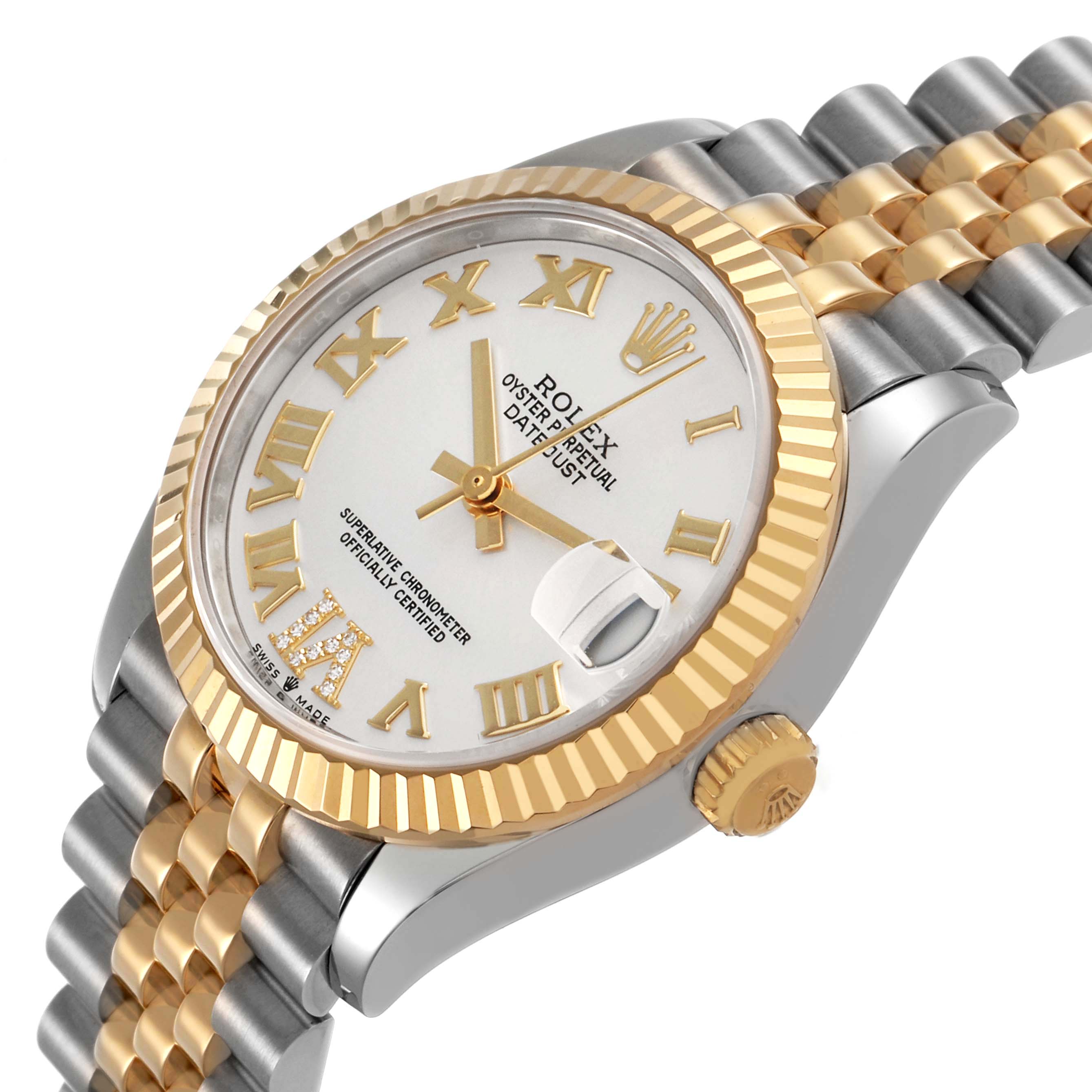 The Rolex Mid-Size 278273 Women's Steel and Gold (two tone) Silver Dial watch is shown at an angle highlighting the dial, fluted bezel, crown, and two-tone bracelet.