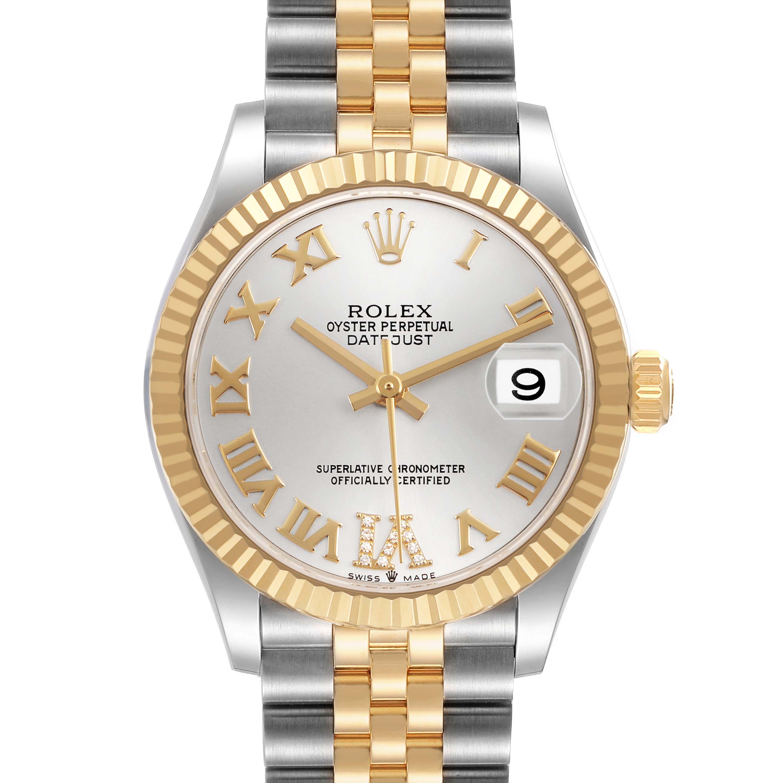 The Rolex Mid-Size 278273 Women's Steel and Gold (two tone) Silver Dial Datejust is shown from the front, highlighting the dial, bezel, hands, and date magnifier.