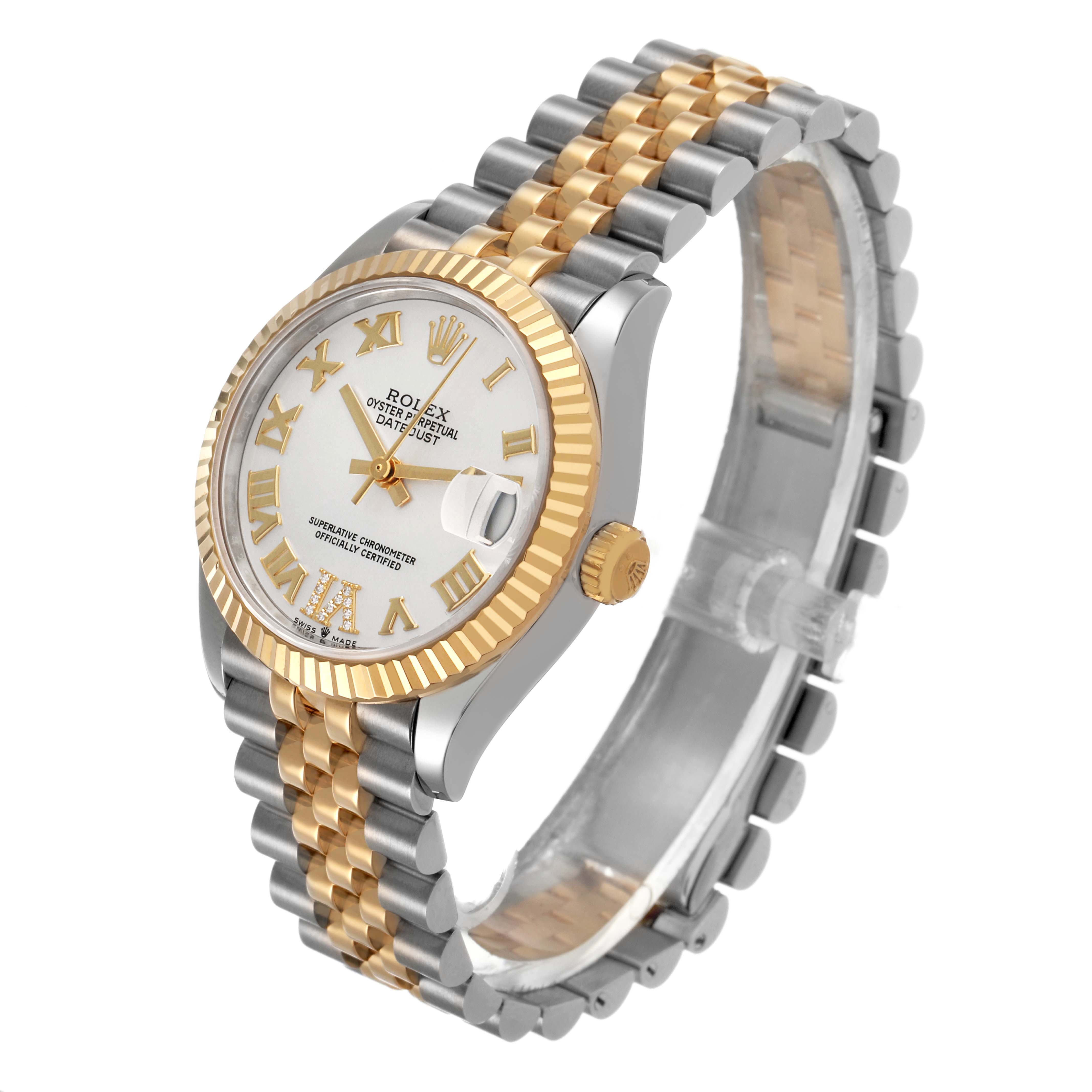The Rolex Mid-Size 278273 Women's Steel and Gold (two tone) Silver Dial watch is shown at a three-quarter angle, highlighting the dial, bezel, crown, and two-tone bracelet.