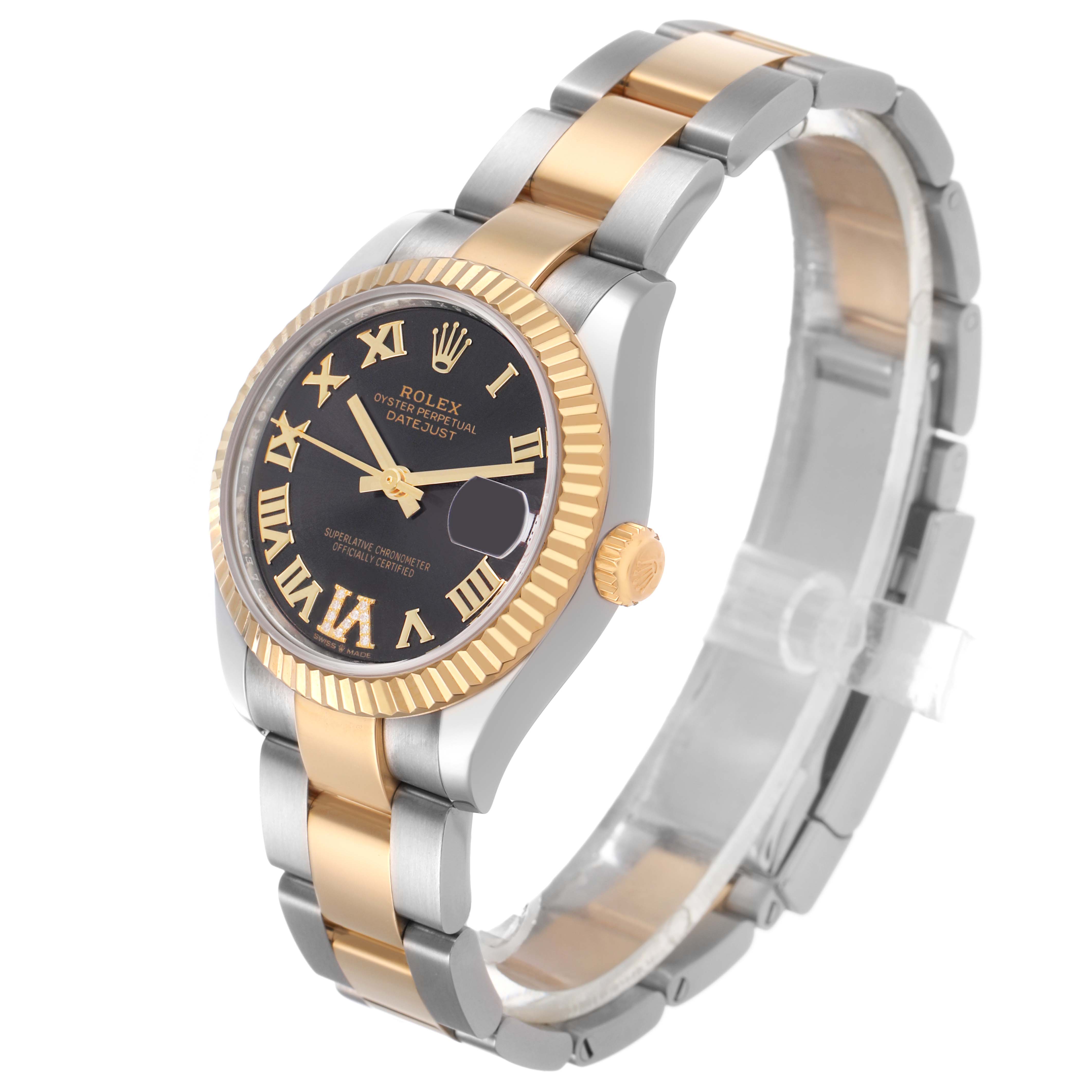 The Rolex Mid-Size 278273 Women's Steel and Gold (two tone) Brown Dial model is shown at an angled view, highlighting the dial, bezel, crown, and bracelet.