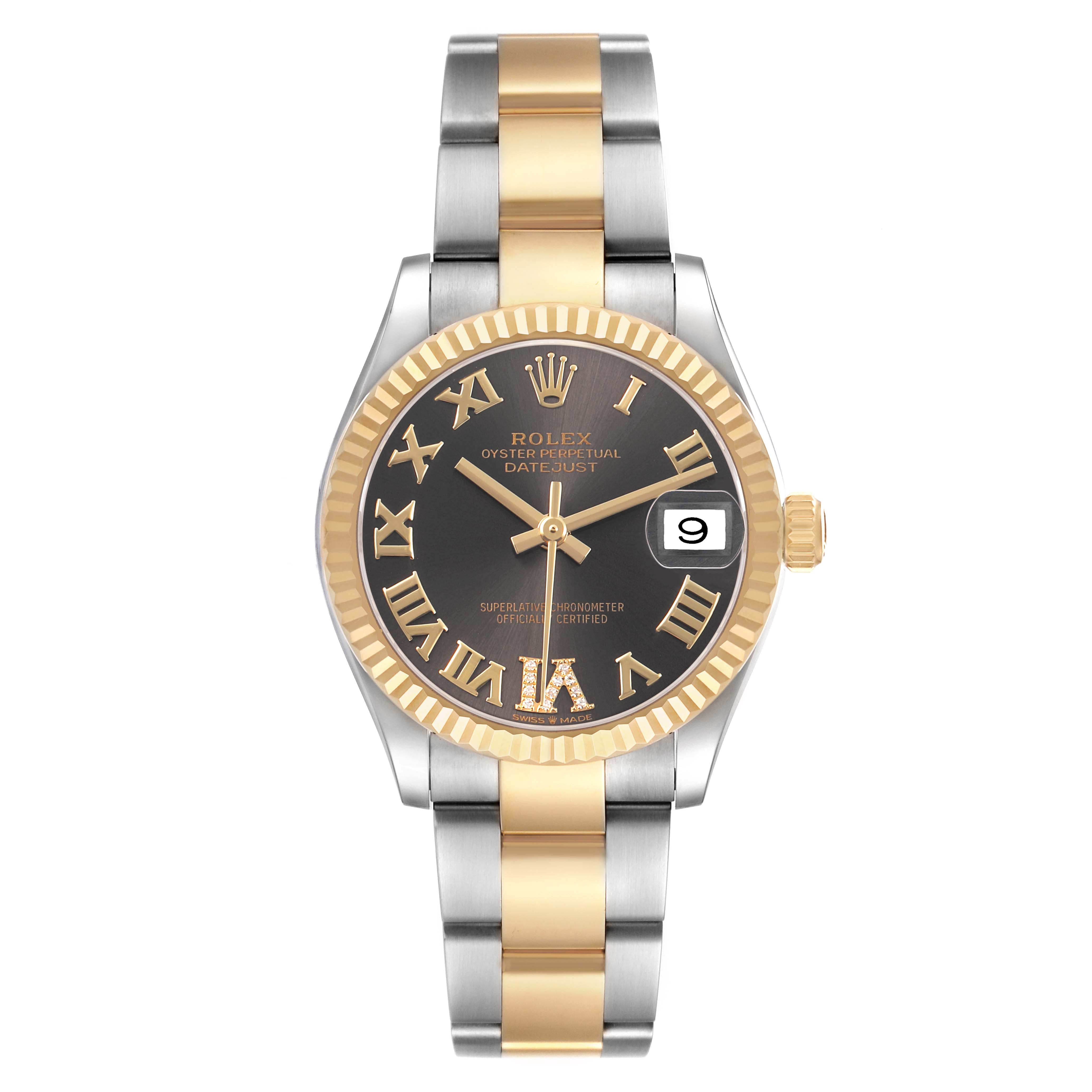 The Rolex Mid-Size 278273 Women's Steel and Gold (two tone) Brown Dial watch is shown from a front angle, highlighting its dial, bezel, and two-tone bracelet.