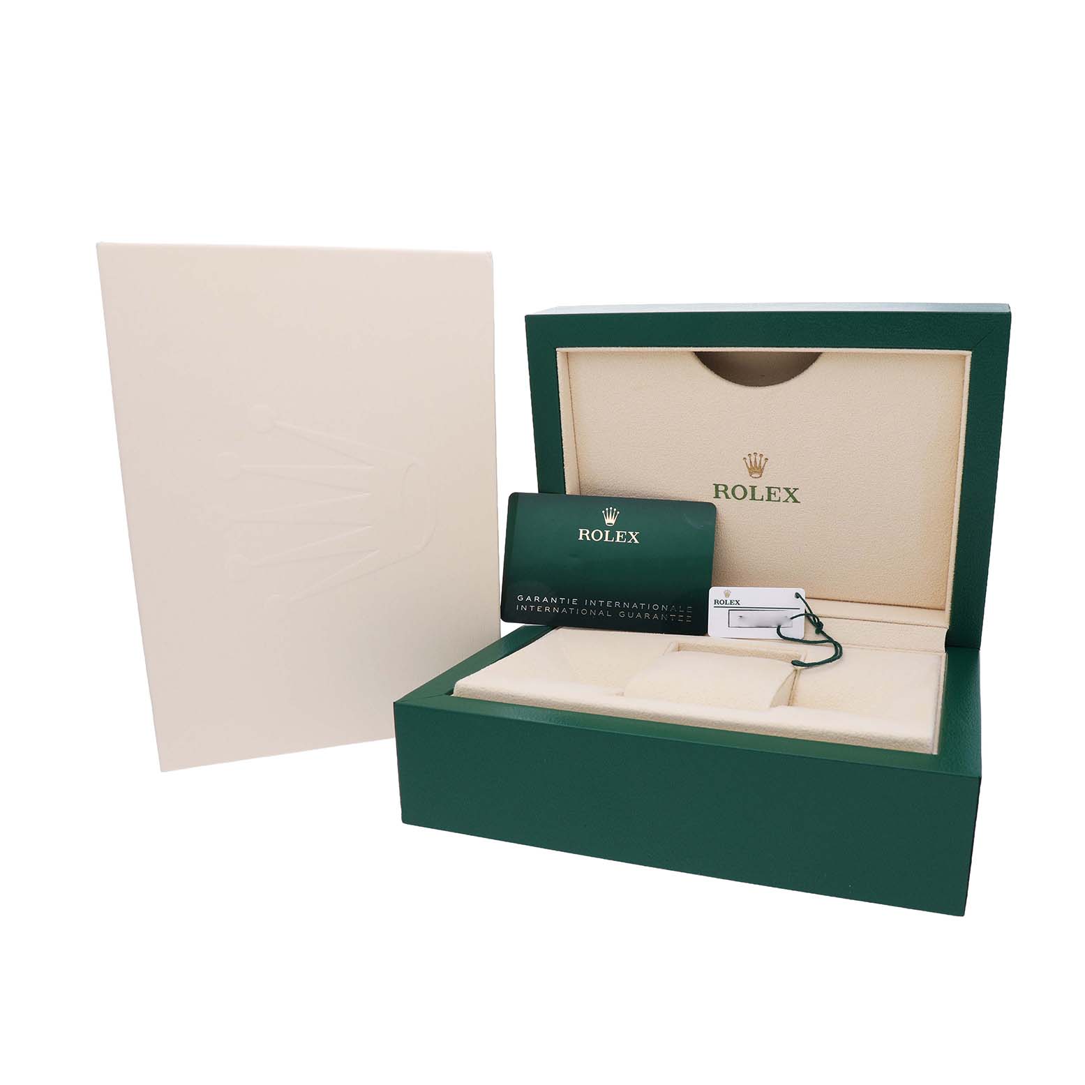 The image shows a Rolex Mid-Size 278273 Women's Steel and Gold (two tone) Brown Dial watch box with guarantee card and accessories from a front angle.