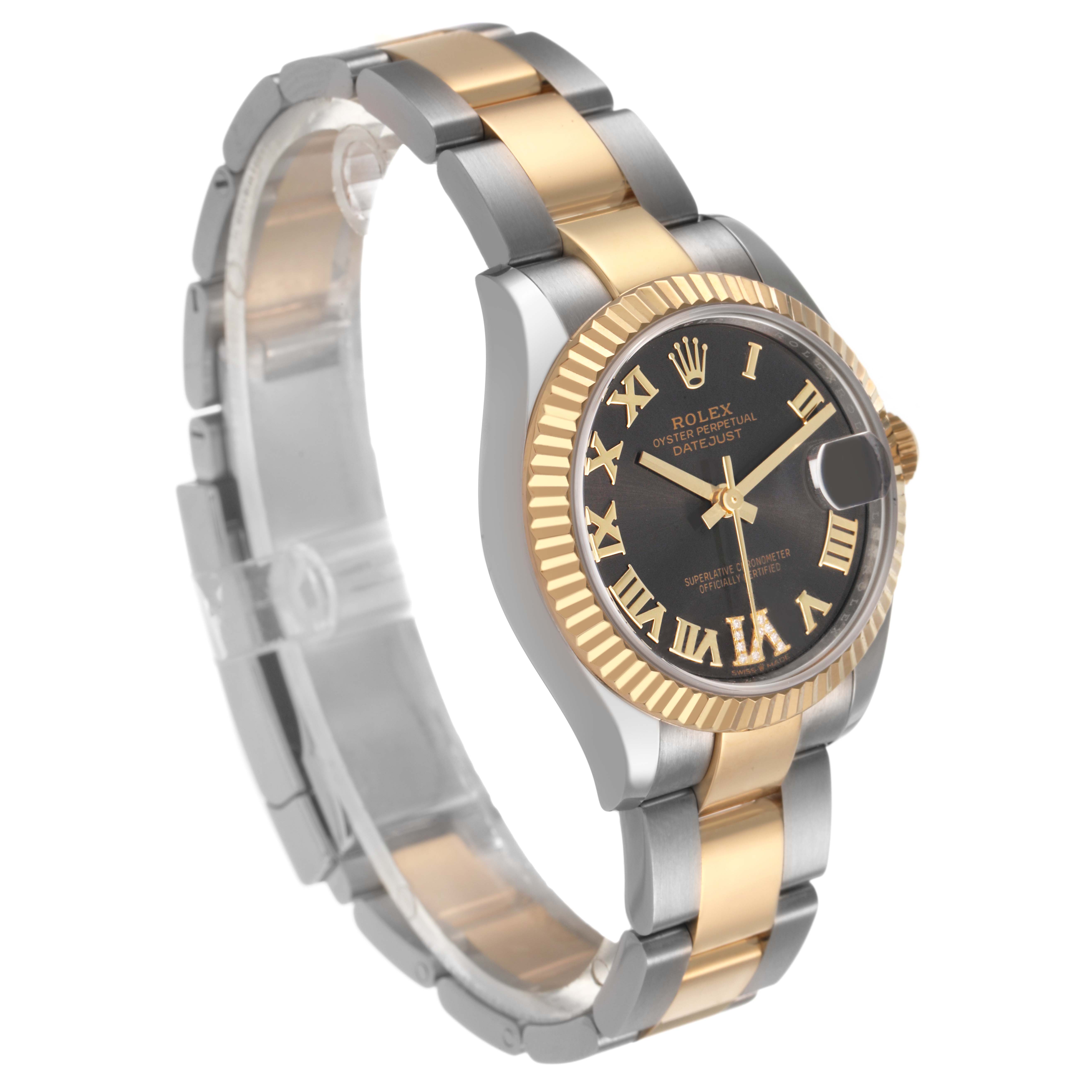 The Rolex Mid-Size 278273 Women's Steel and Gold (two tone) Brown Dial watch is shown at a slight angle, highlighting its two-tone bracelet, fluted bezel, and Roman numeral dial.