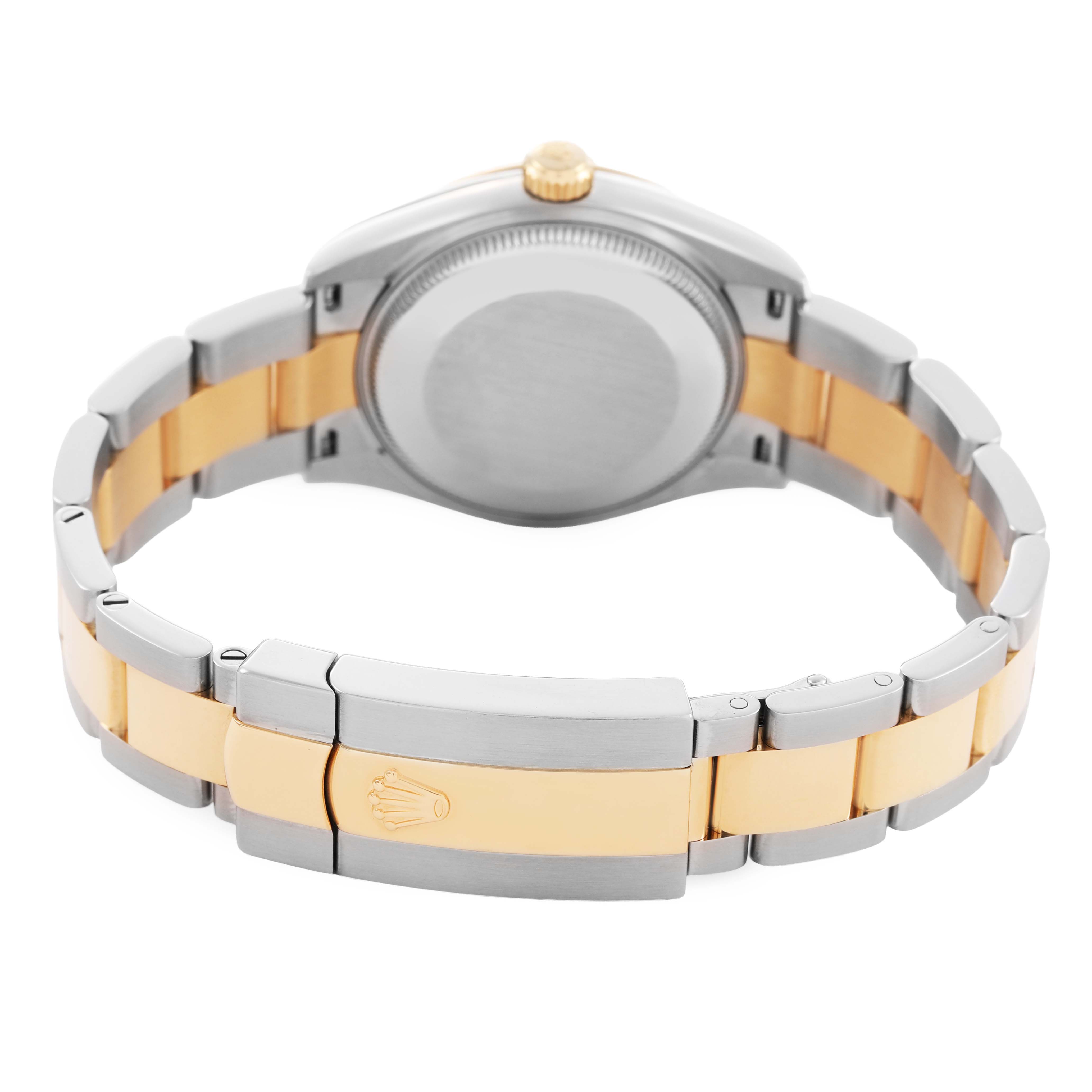 The Rolex Mid-Size 278273 Women's Steel and Gold (two tone) Brown Dial watch is shown from the back, highlighting the case, crown, and two-tone bracelet with clasp.